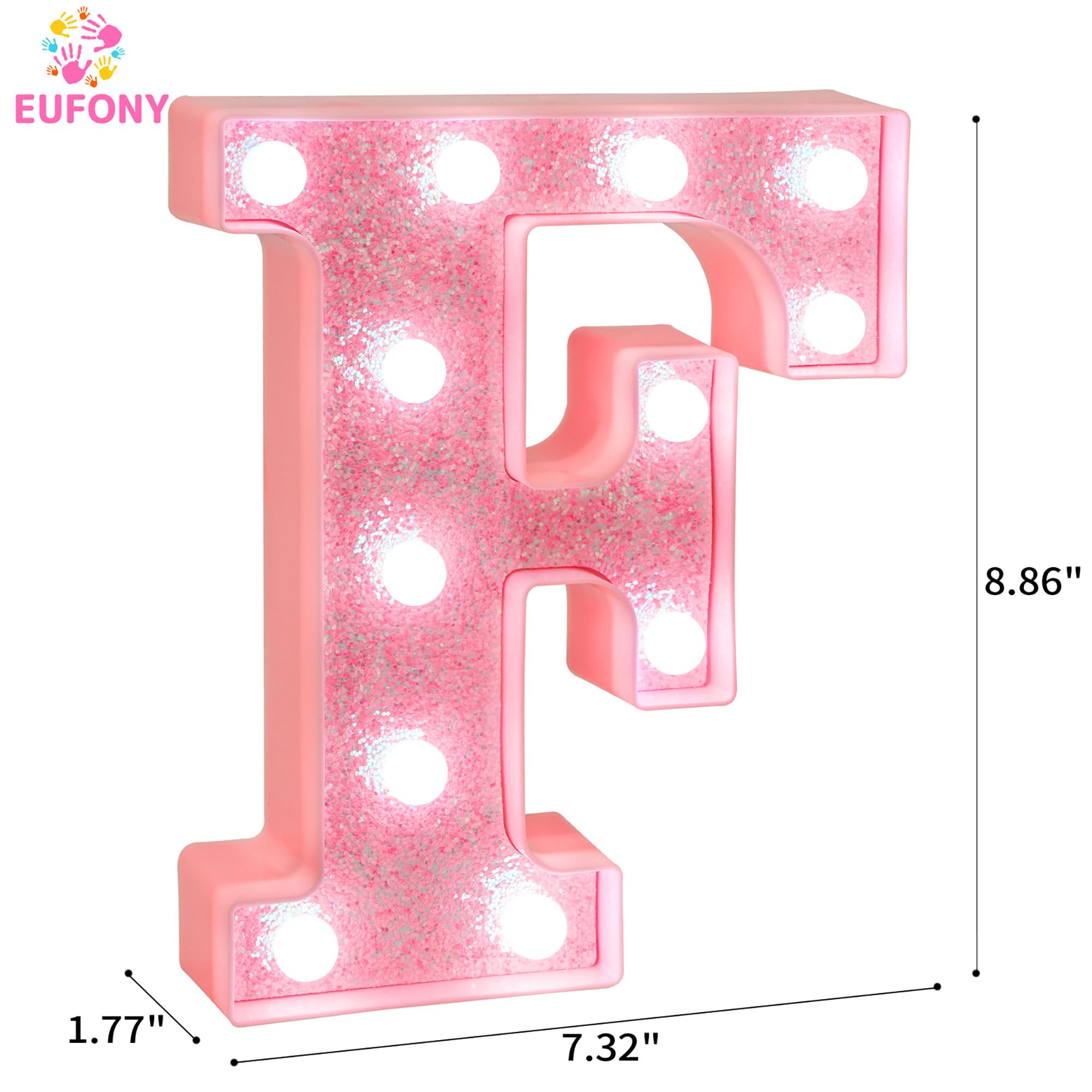 EUFONY Pink Glitter LED Marquee Light Up Letter F with Cool White Lights, Battery-Powered Alphabet Letter Sign for Girls Gift, B