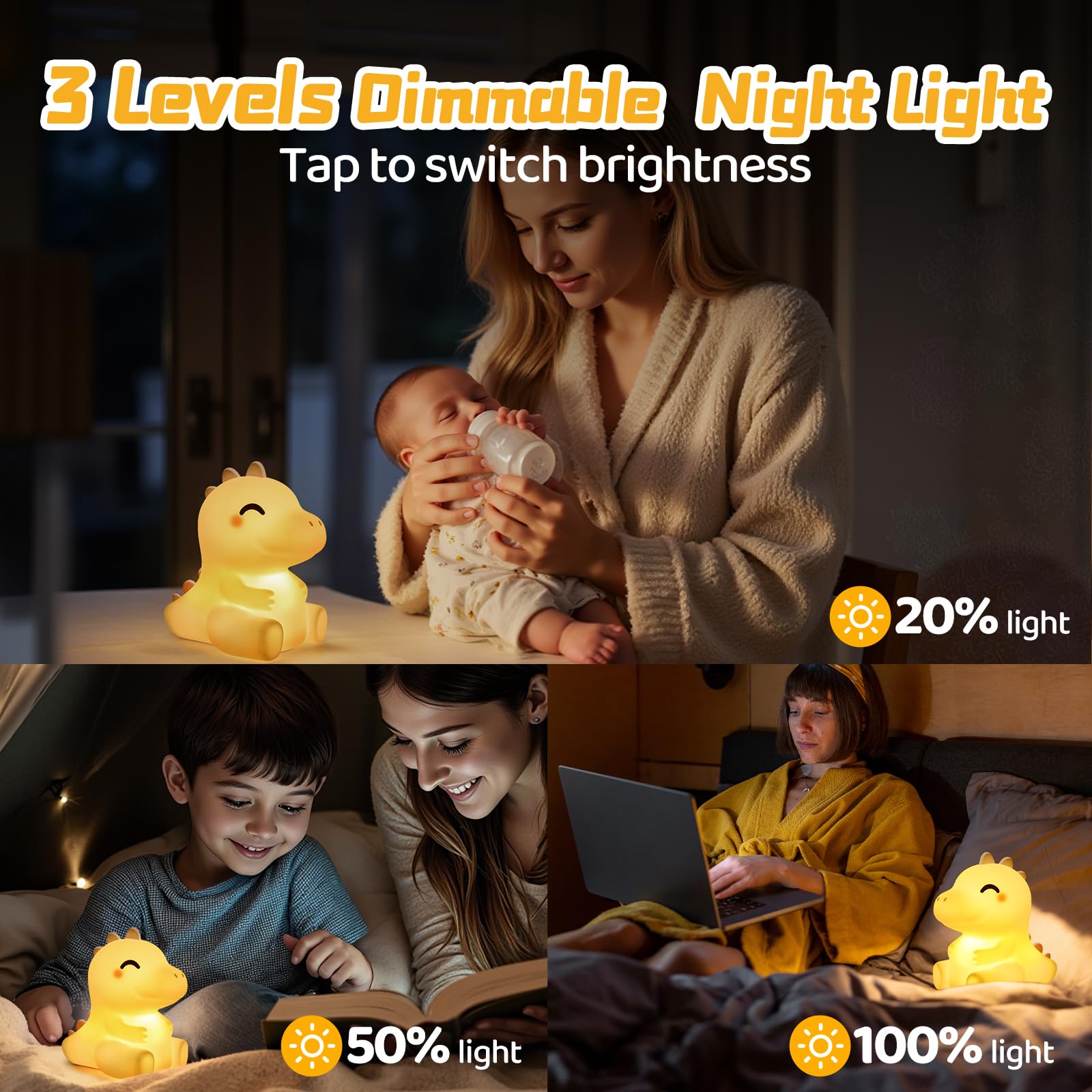 Mewaii Huggwaii Squishy Dinosaur Night Light for Kids - Dimmable Silicone Dinosaur Lamp with 4 White Noise, Long Battery Life Re