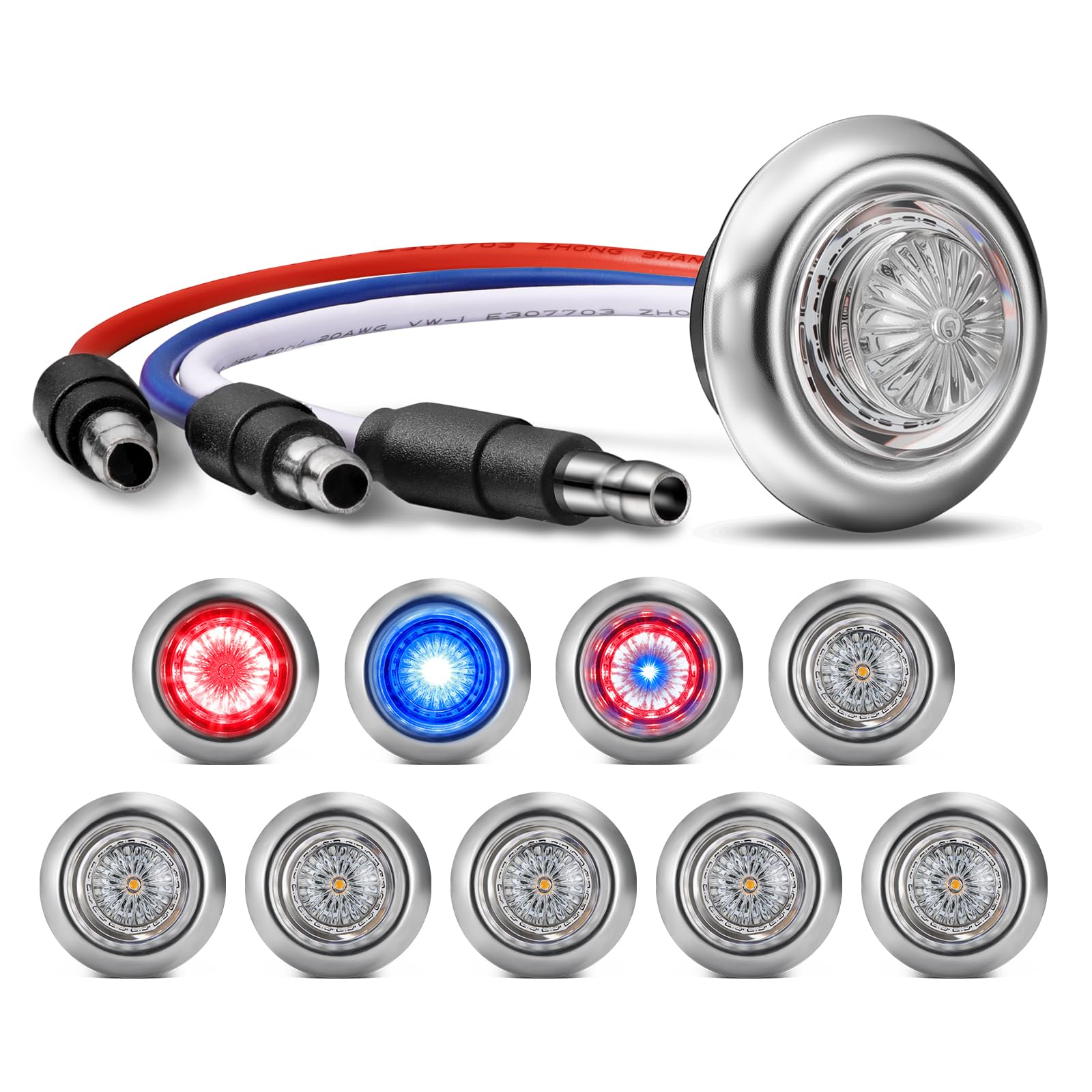 Partsam 10Pcs 3/4 Inch Red to Blue Led Side Marker Lights with Trim Ring Bezel  Clear Lens Clearance Auxiliary Projectile Lights Indicator Penny Light for Trailer Truck RV Bus Waterproof