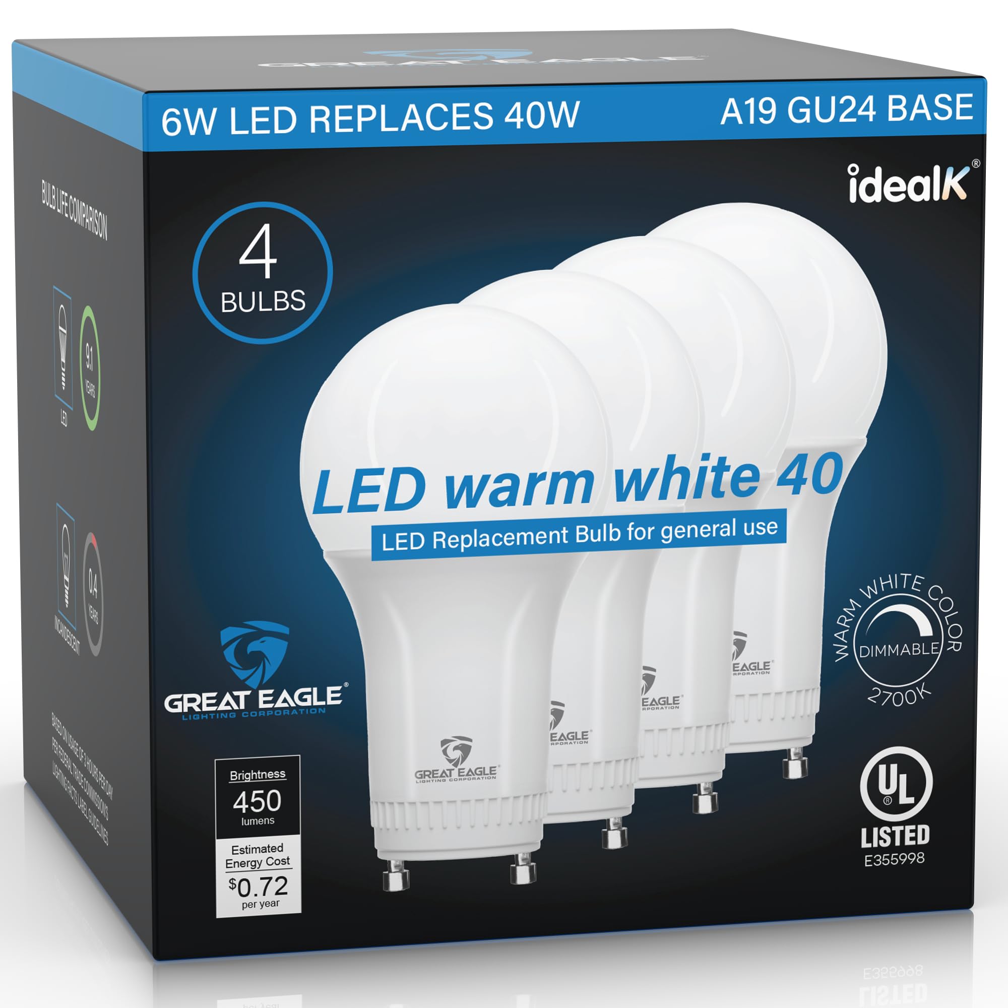 Great Eagle Dimmable LED Light Bulbs, GU24 40 Watt Equivalent, 2700K Warm White A19, 2 Prong Twist-in Light Bulb, 6W 450 Lumens 