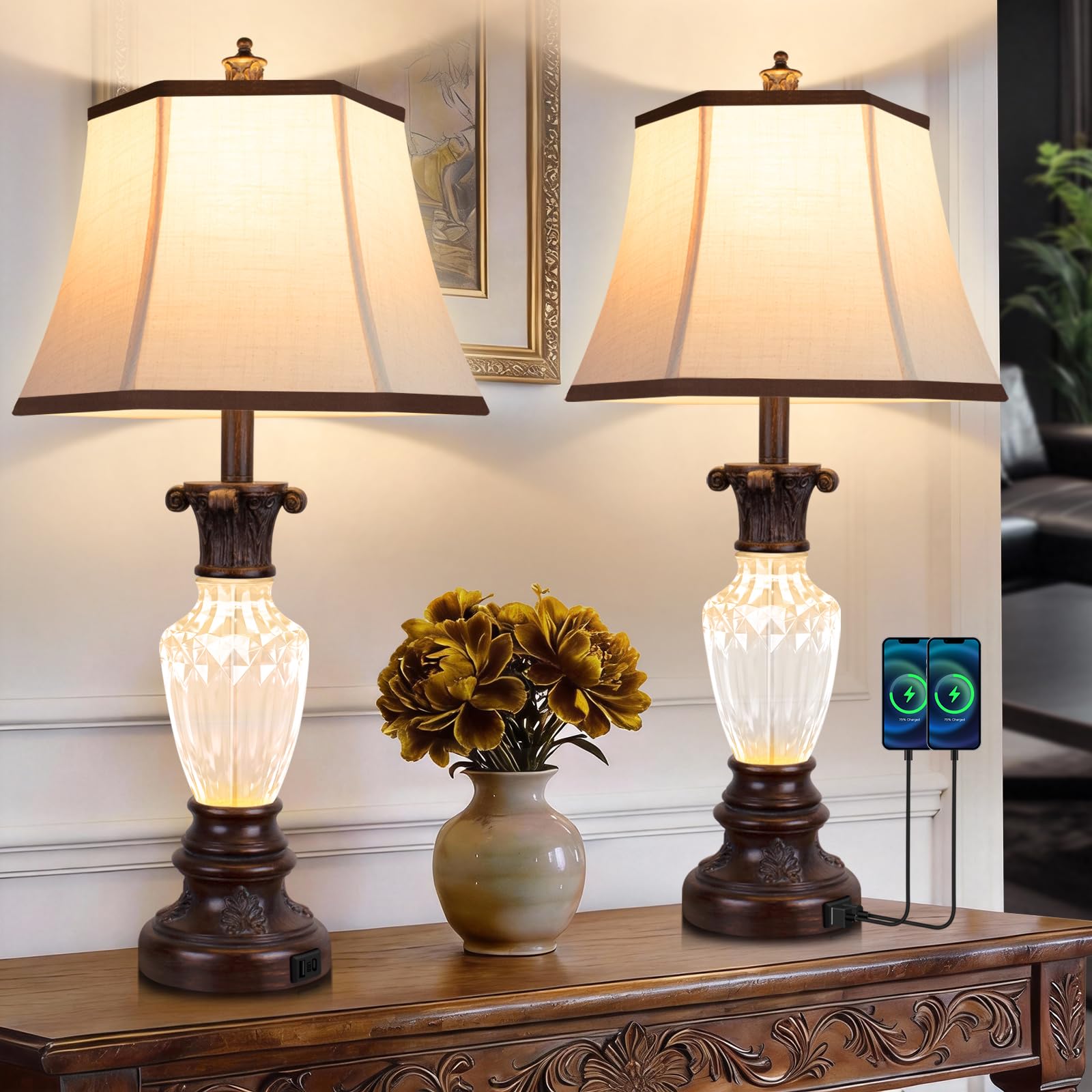 28.5 Table Lamps Set of 2  Nightstand Lamps with USB Ports  Farmhouse Lamps for Living Room Bedroom  3-Color Temperatures Bedside Lamp  Vintage Resin Brown lamp with Nightlight  Bulbs Included