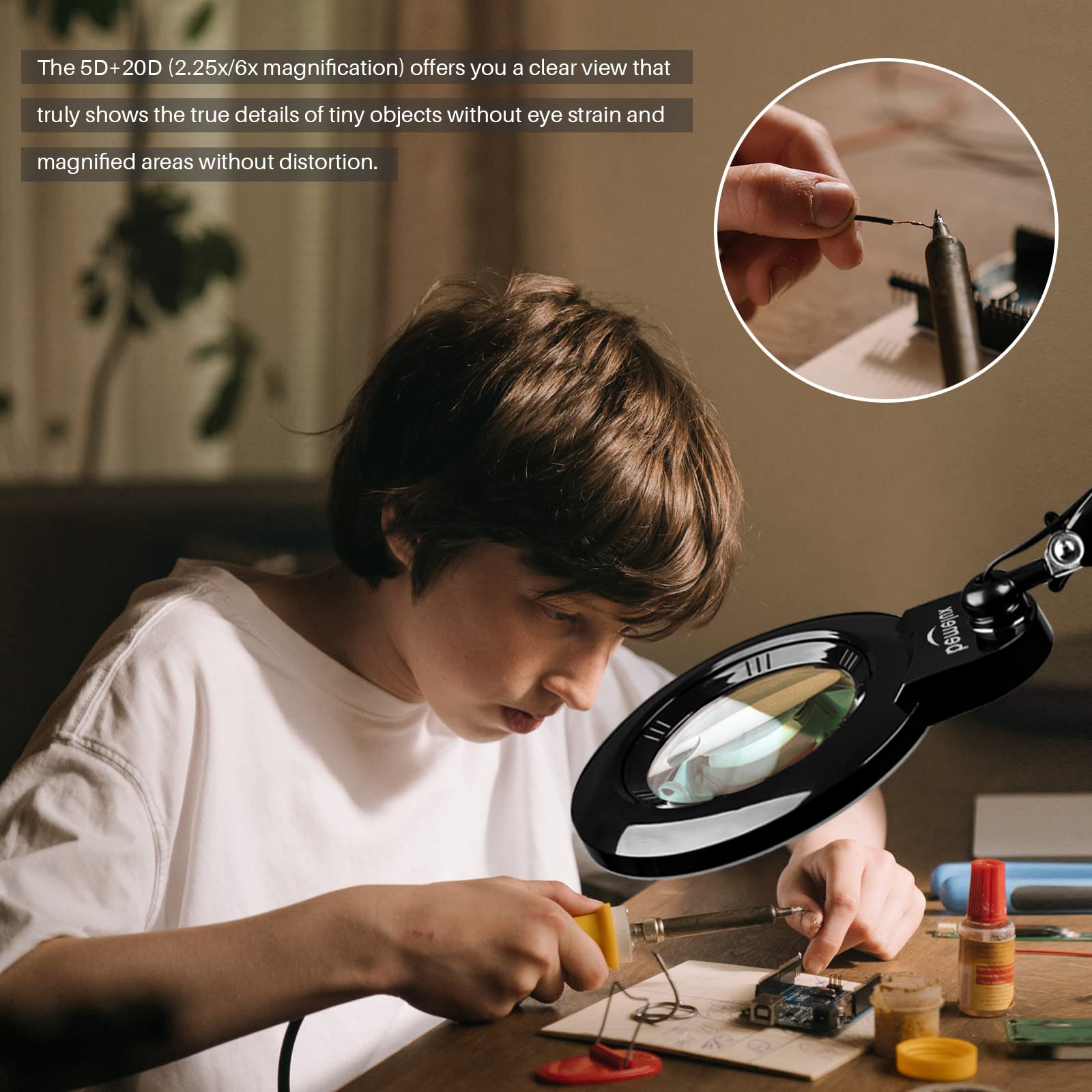 bemelux Bifocals Magnifying Desk Lamp, 5 Diopter & 20 Diopter, 6in Lens, 1200 Lumens, Black, Model BLUX9006LED