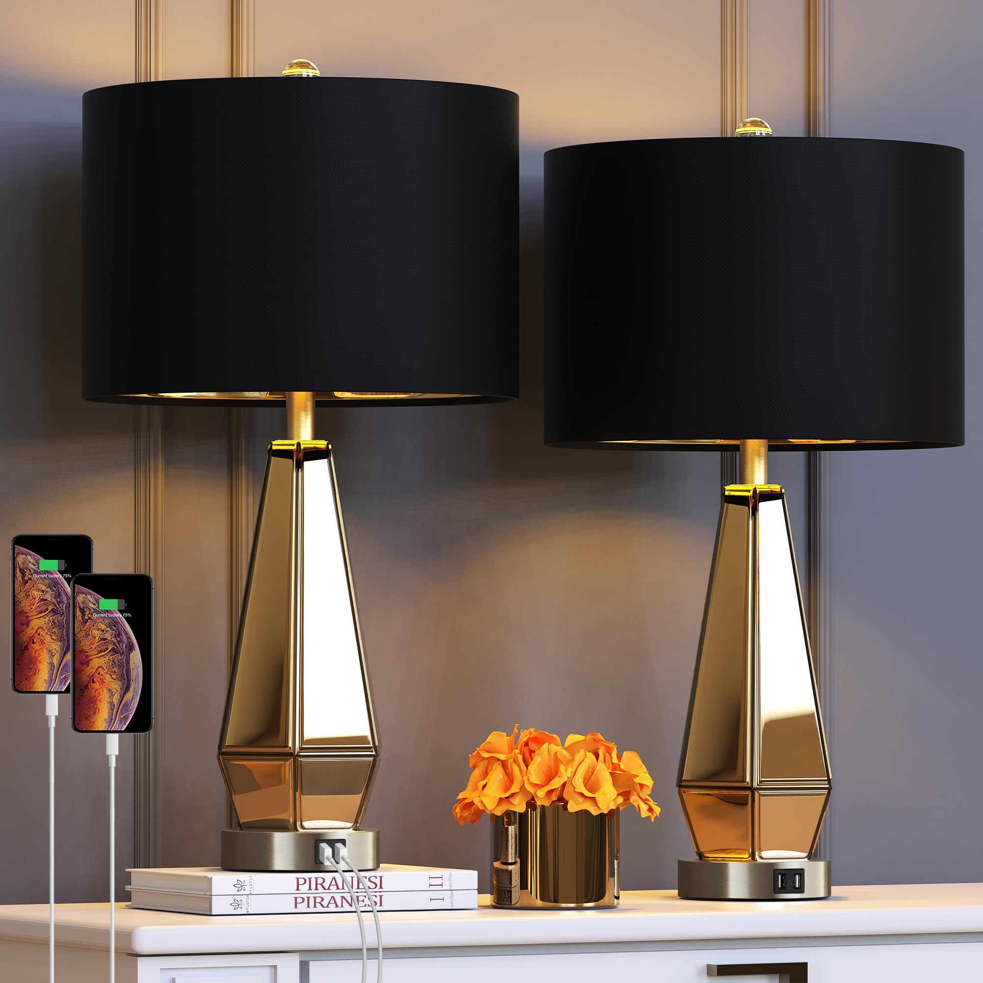 Hamucd Set Of 2 Mirrored Glass Bedside Table Lamps With 2 Usb Ports For Bedrooms Modern Amber Side Nightstand Lamps With Gold Bl