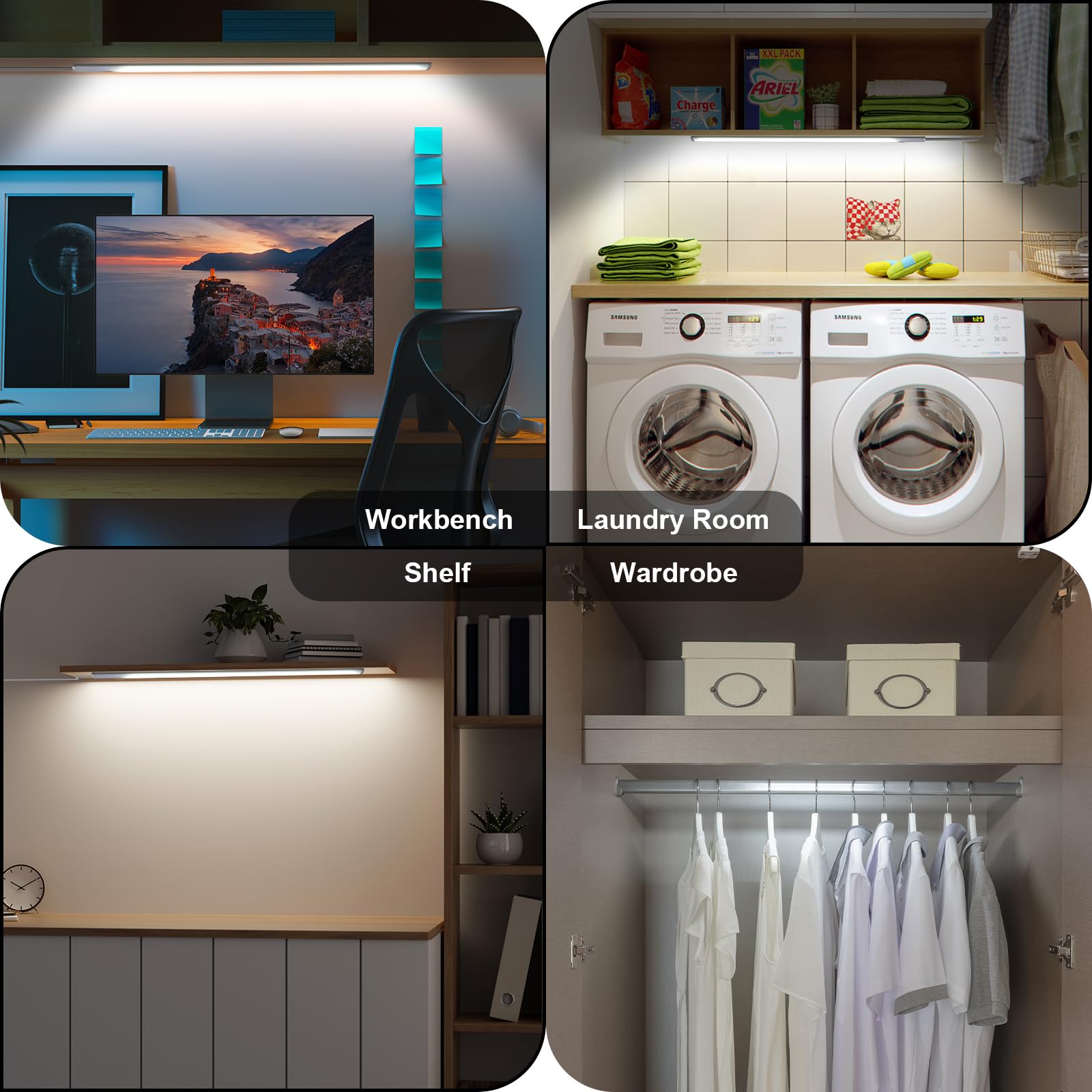 JUSJUBR 15 Inch LED Under Cabinet Lighting, Dimmable Touch Switch, Cold White 6000K - Ideal for Desk and Counter Lighting