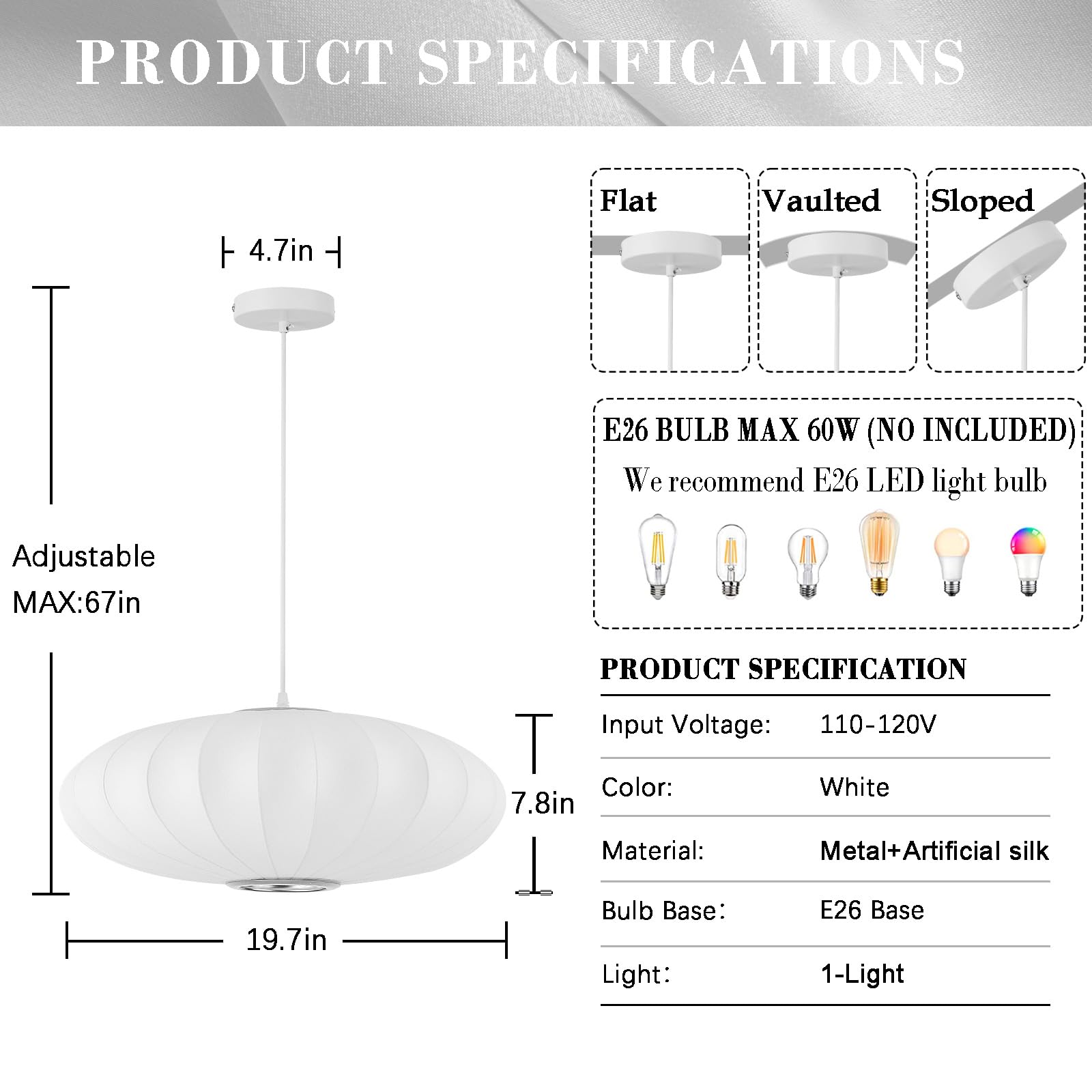 Fivemengo 20 Inch White Lantern Pendant Light, Silk Lampshade, Metal Chandelier for Living Room, Kitchen, Cafe