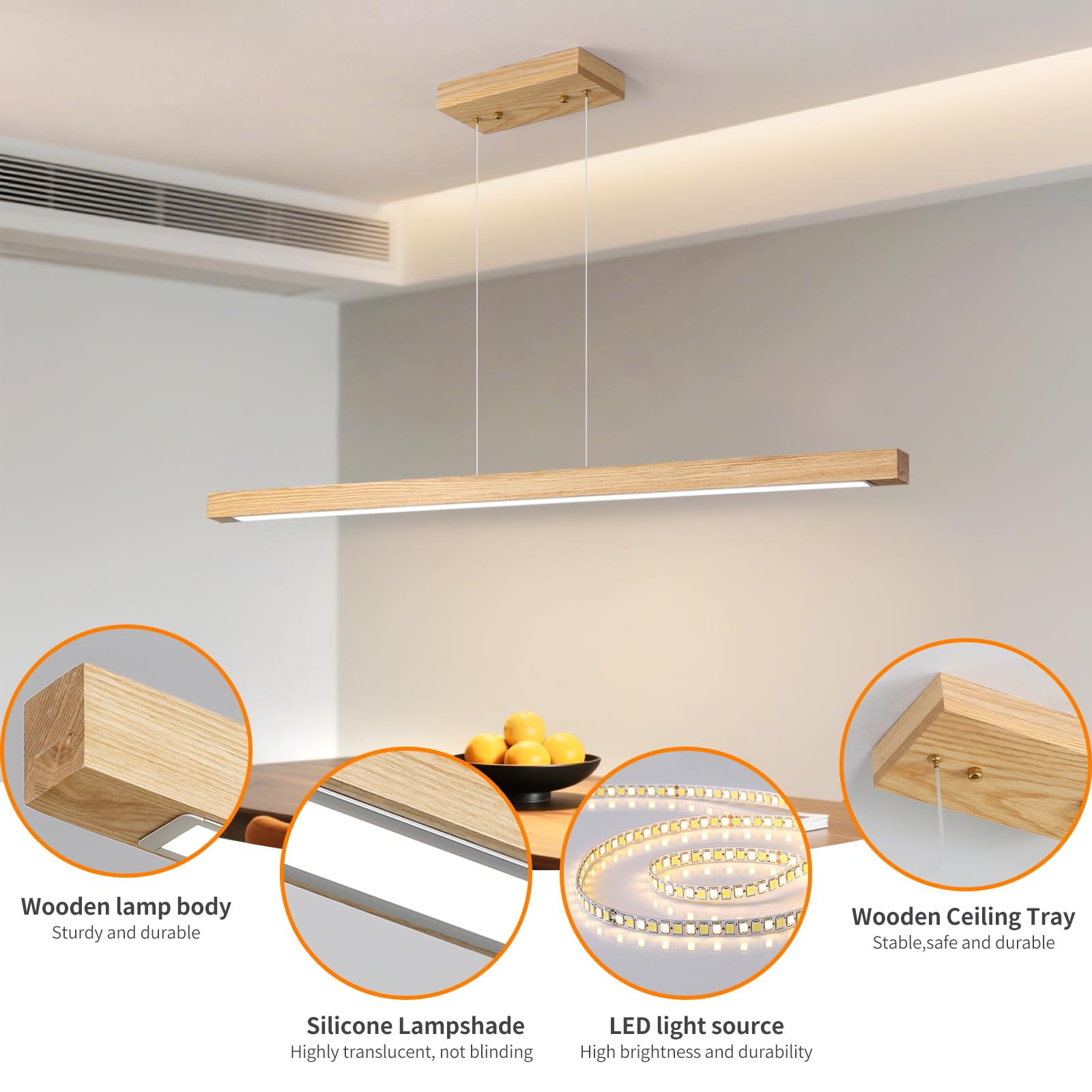 Mikeru Modern Wooden Pendant Light, 39IN White Ash Wood Chandelier with Remote Control, Adjustable Color Temperature, Model BLM