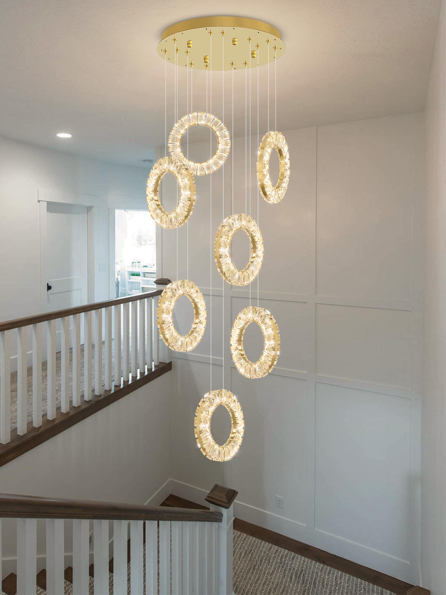 ykolupty Pendant Lights Kitchen Island 6 Rings Crystal Chandelier Lighting Fixture High Ceiling Chandeliers Suitable for Living Room Staircase Villa (Gold Chandelier)