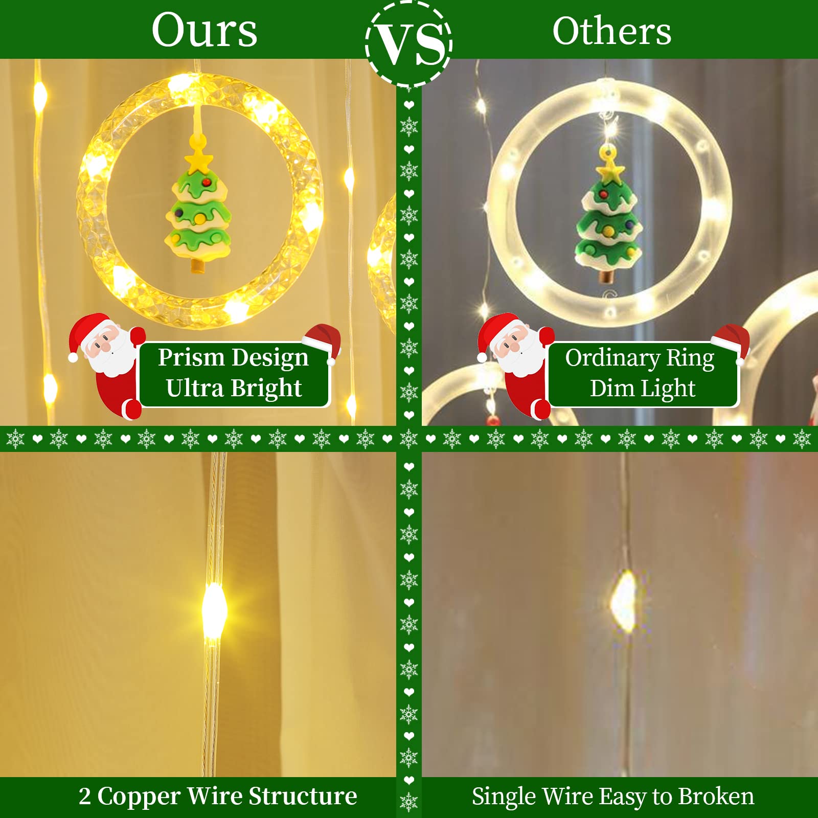 Quntis Christmas Window Curtain Lights 9.8Ft*2.3Ft Led Hanging Ring Lights With Ornament Toys - 8 Modes Plug In Christmas Decor Fairy Lights Backdrop For Bedroom Wedding Party Wall, Warm White