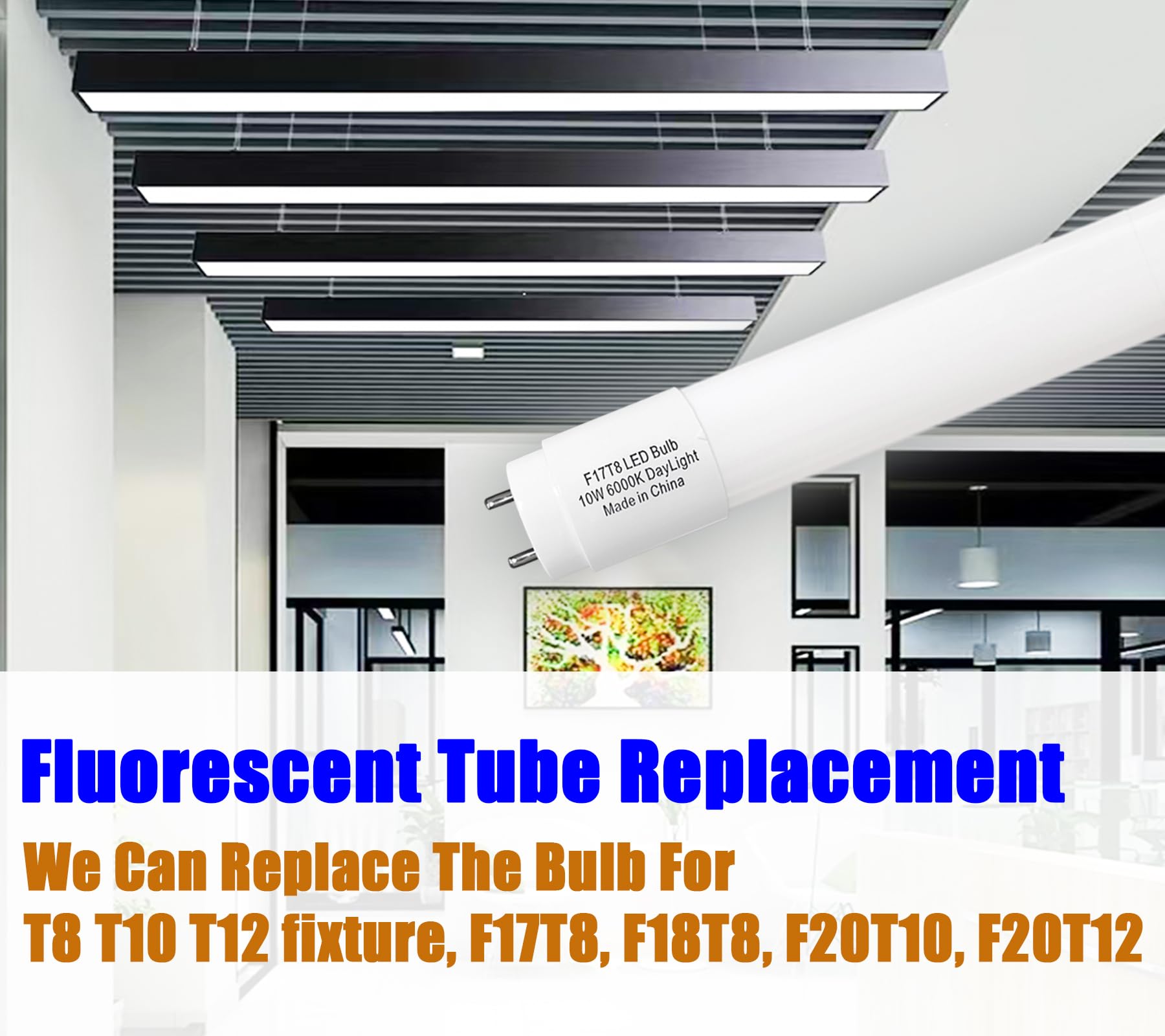 Type B F17T8 Led Replacement, 24 Inch Light Bulb 10W, 2Ft Tube, F20T12 Replacement For Cabinet, Store, Shop, G13 Base Double Sid
