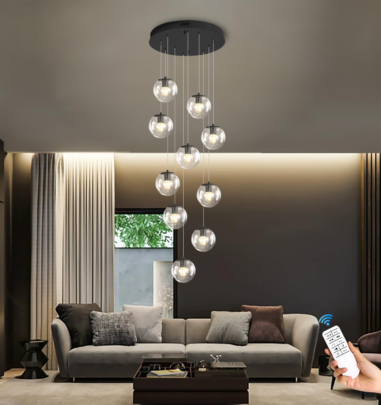 ykolupty 10-Light Modern Glass Globe Pendant Light - Black, Ideal for High Ceilings & Staircases