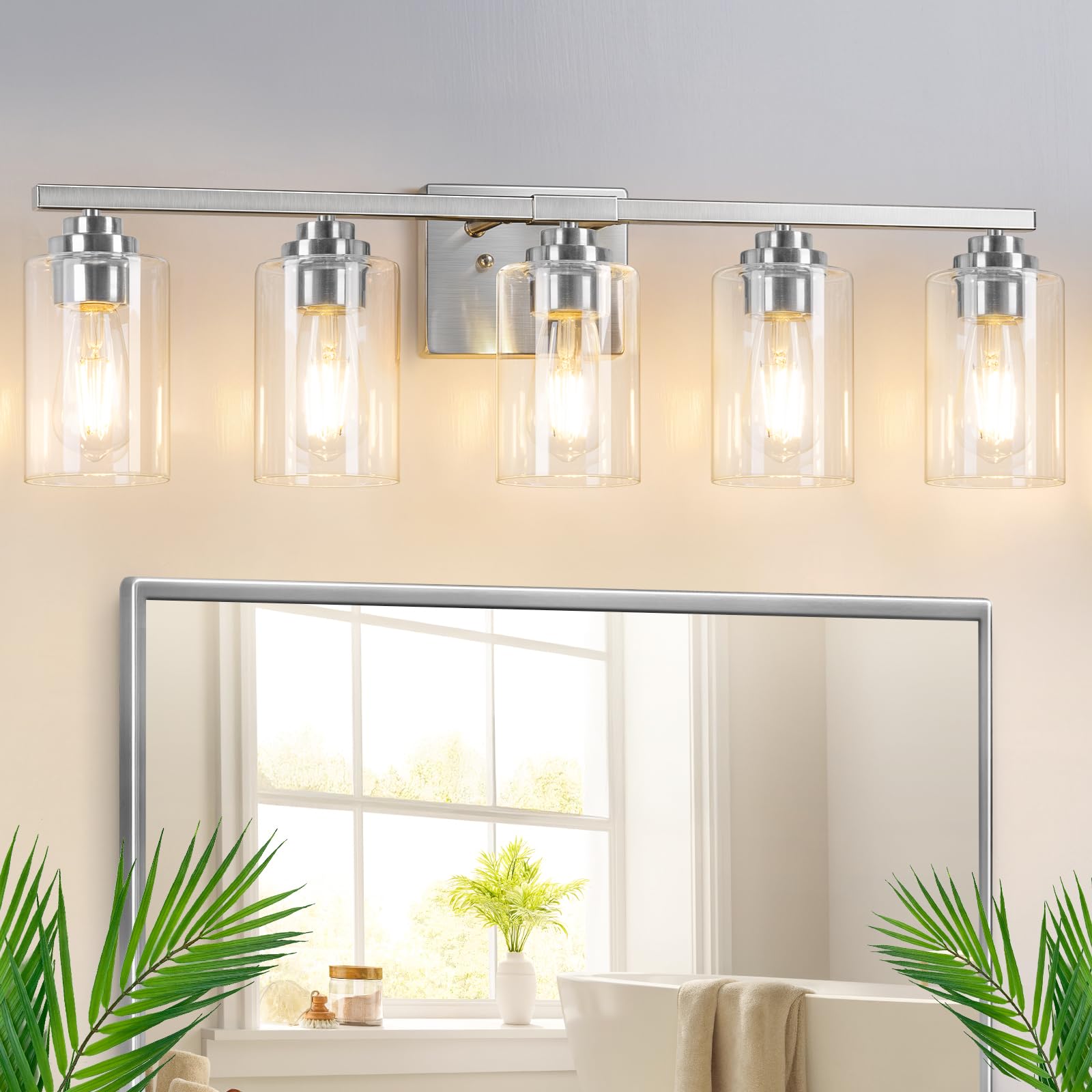 5-Light Bathroom Light Fixtures  31 Modern Vanity Lights Over Mirror with Clear Glass Shades  Brushed Nickel Light Fixture  Classic Wall Light Fixture for Mirror Living Room Cabinet Bedroom Porch