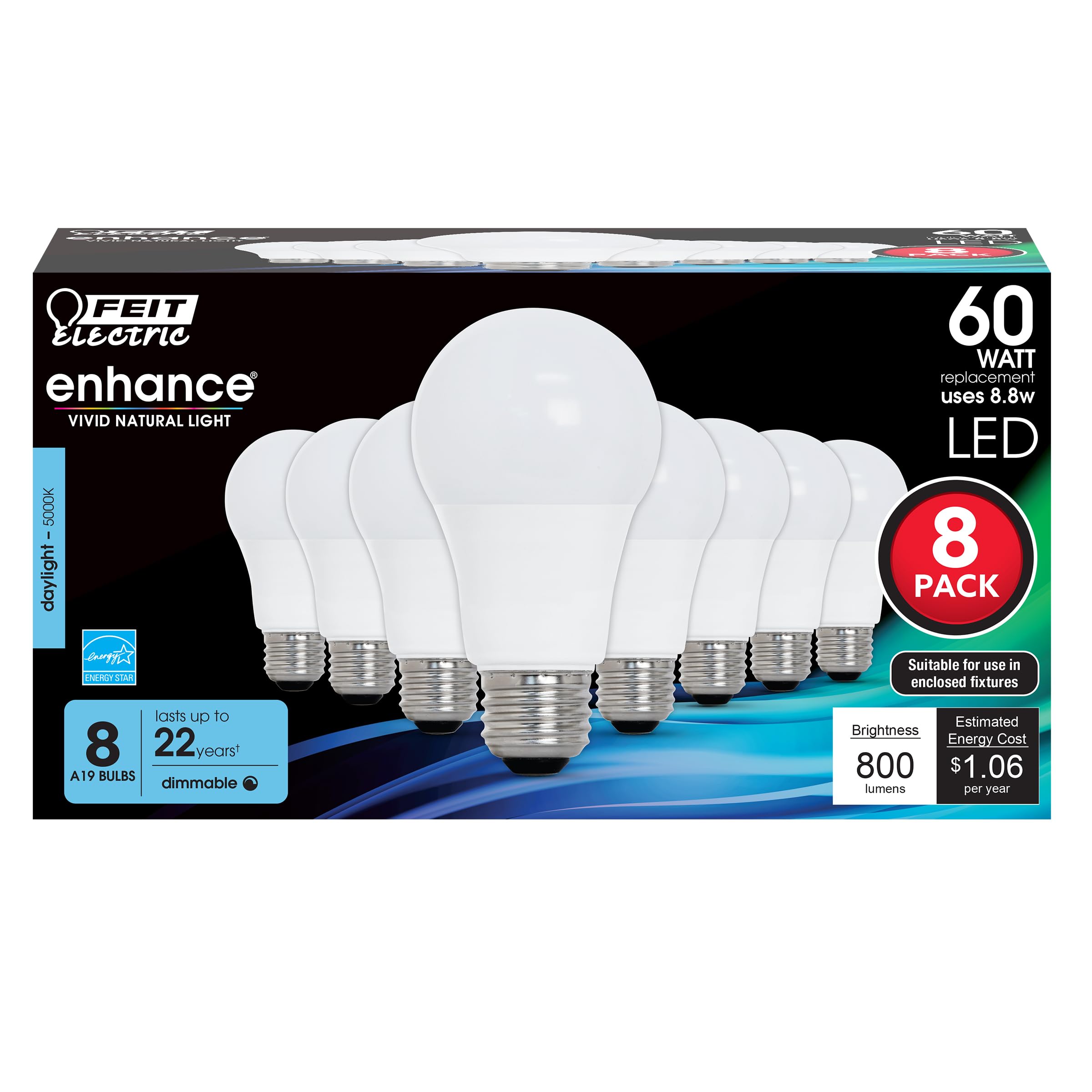 Feit Electric A19 LED Light Bulbs, 60W Equivalent, Dimmable, E26 Standard Base, 90 CRI, 800 Lumens, 5000K Daylight, 120V, 22 Years Lifetime, Damp Rated, 8 Pack, OM60DM/950CA/8