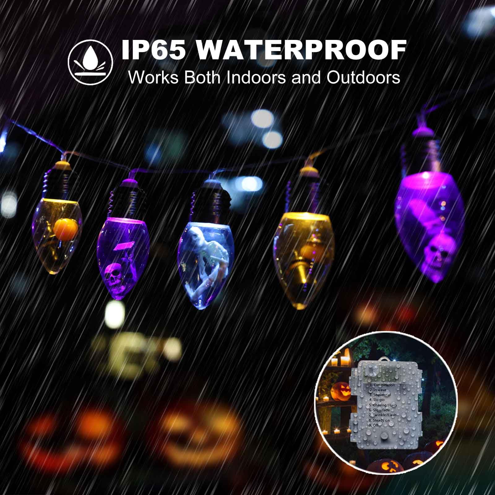 Halloween Bulb String Lights Decorations, Battery Operated Powerd 8.2 Ft 12 Led Orange Purple White Skeleton Pumpkin Tombstone Spooky Cute Timer 8 Lighting Modes Twinkle Indoor Outdoor Window Decor