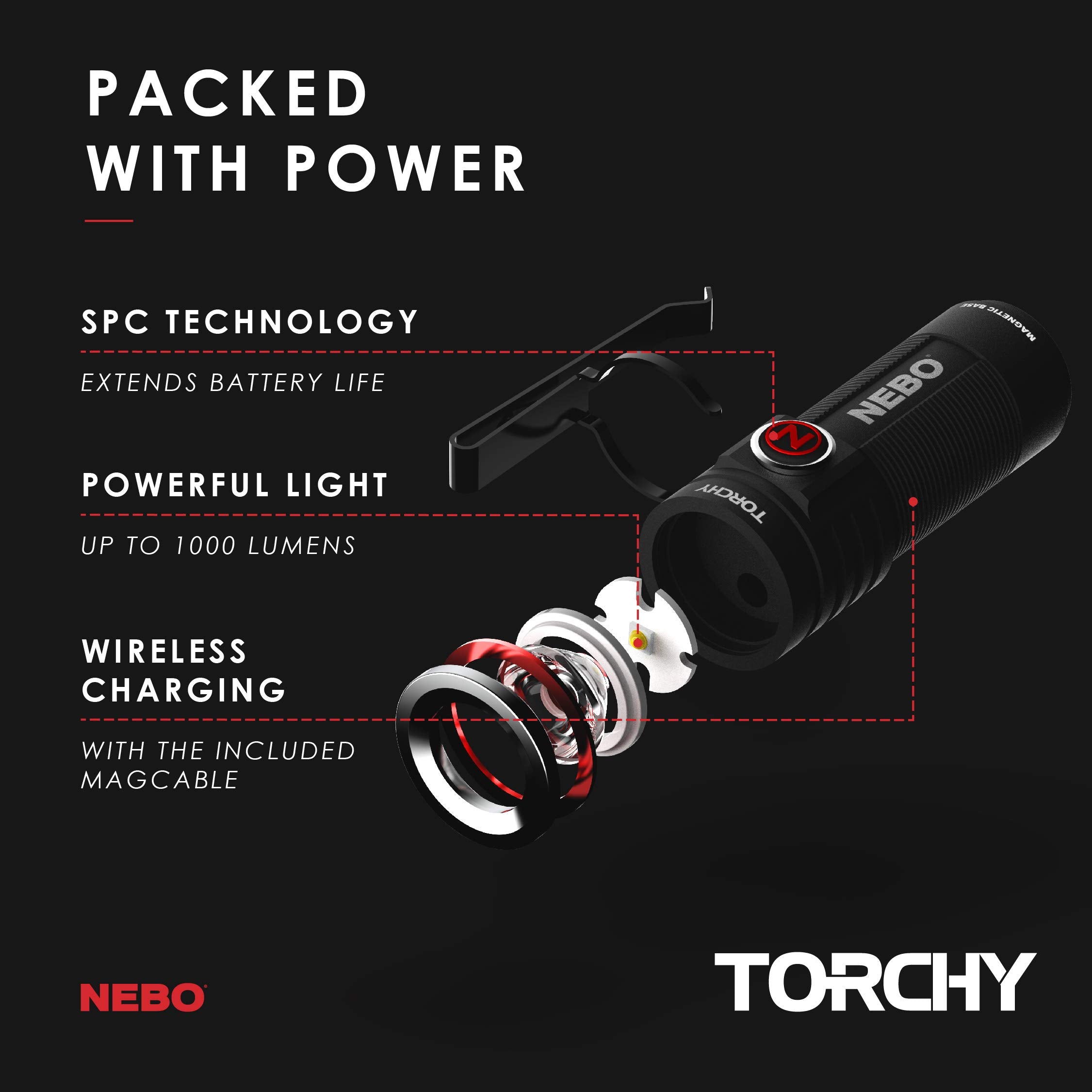 NEBO Torchy Pocket Flashlight - 1,000 Lumen LED, Rechargeable, Black, Small, Aluminum, 5 Light Modes, Water & Impact Resistant, Model NEB-FLT-