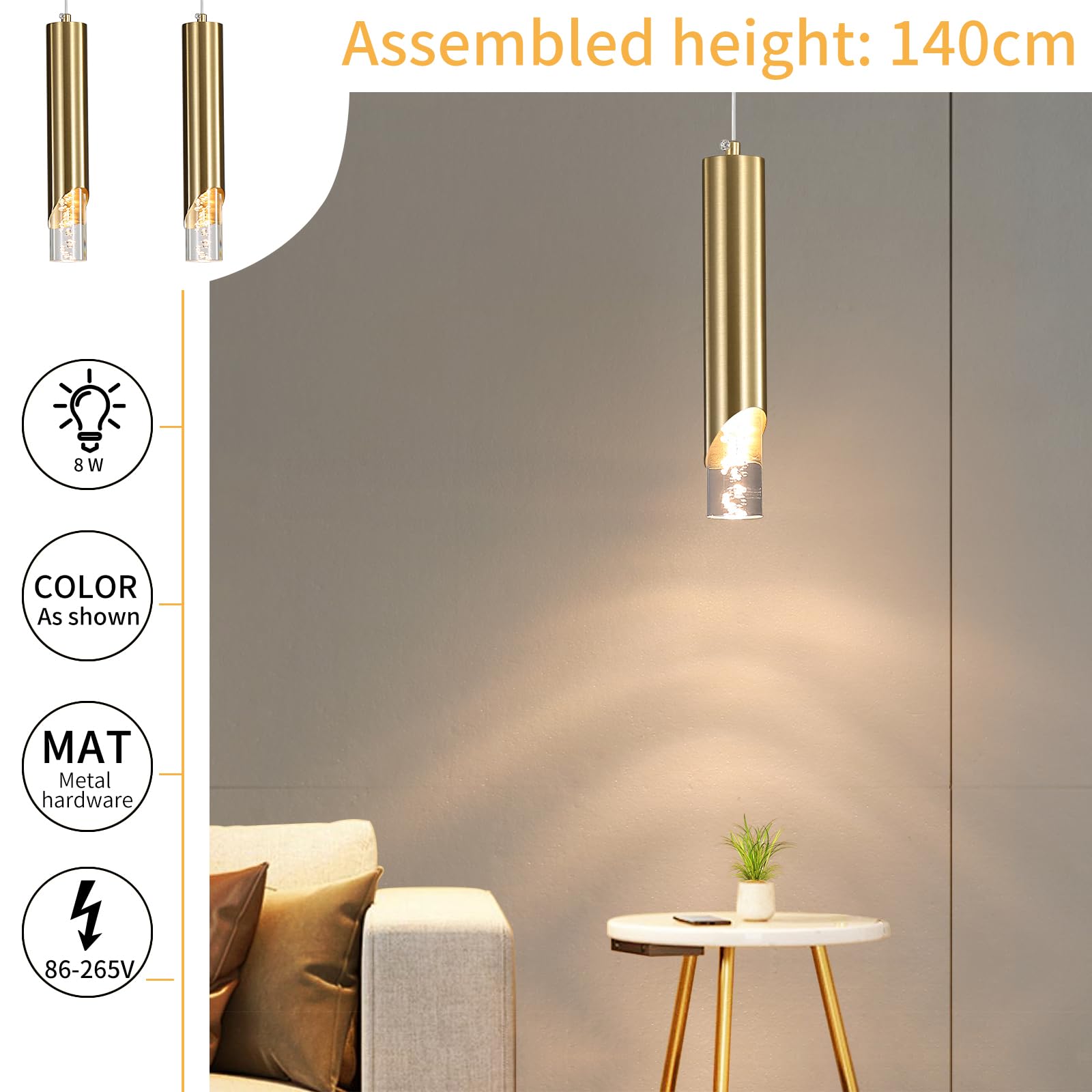 Modern Gold Pendant Light Fixture  Acrylic Bubble Cylinder Hanging Lights  3 Color 2700K/4500K/6500K  Minimalist Ceiling Chandelier Lighting For Dining Room  Bedroom  Hallway  Bar  Kitchen Island
