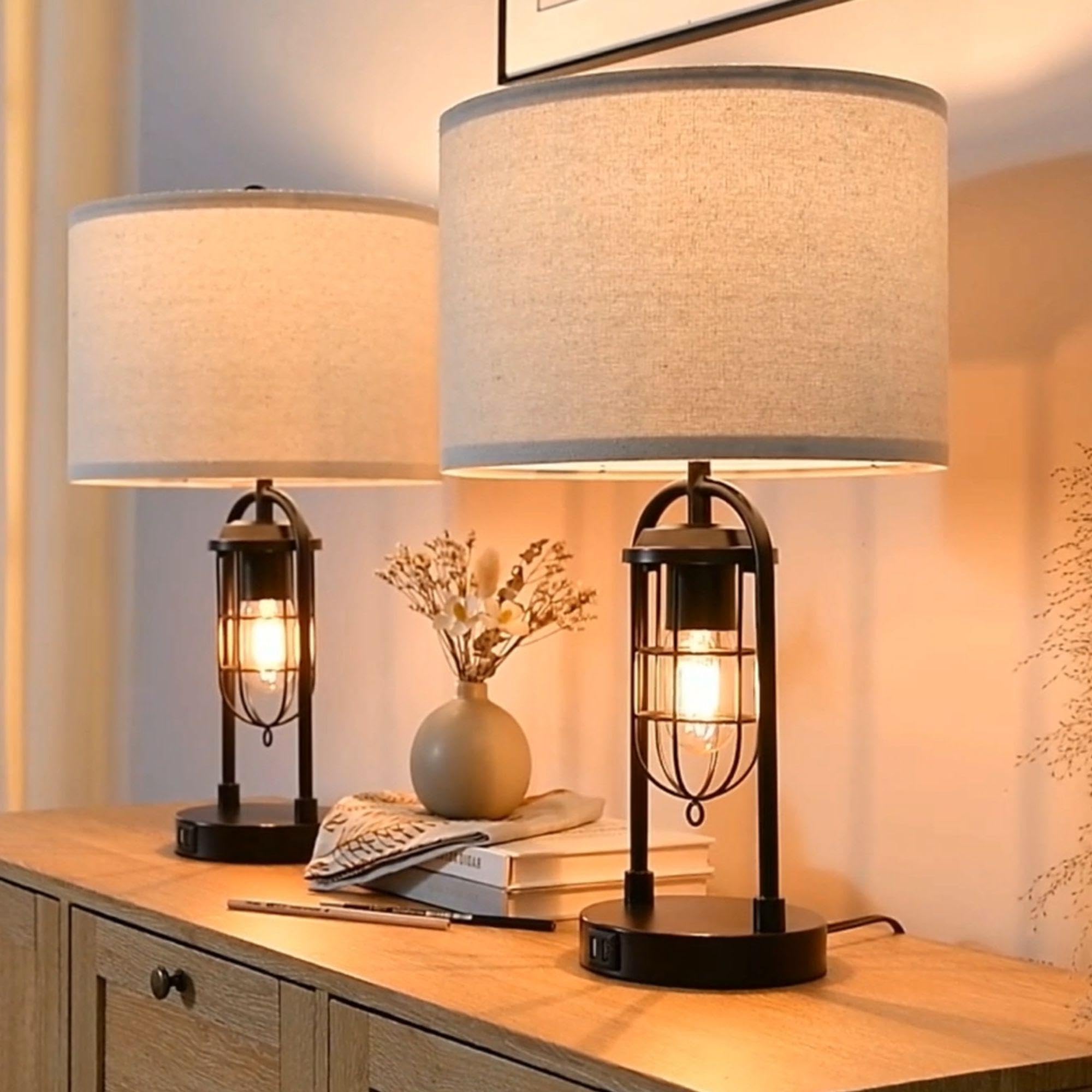 Kyrid Set of 2 Table Lamps with USB Ports and Night Light Farmhouse Nightstand Lamp for Living Room Bedroom(Bulbs Included)