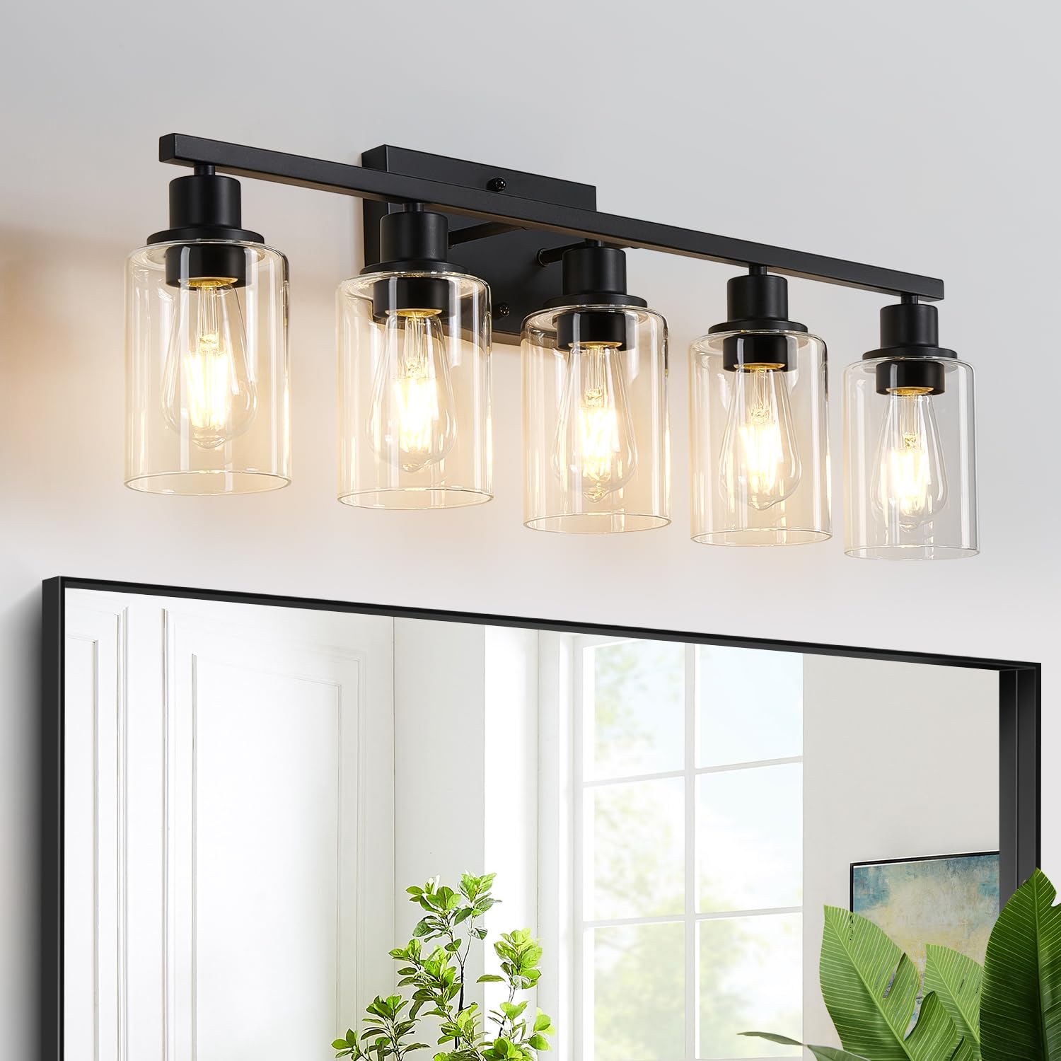 MOKATNG 5-Light Bathroom Light Fixtures  Vanity Light with Clear Glass Shades  Matte Black Bathroom Light Fixtures Over Mirror  Modern Bathroom Wall Lamp for Mirror Living Room Cabinet Bedroom