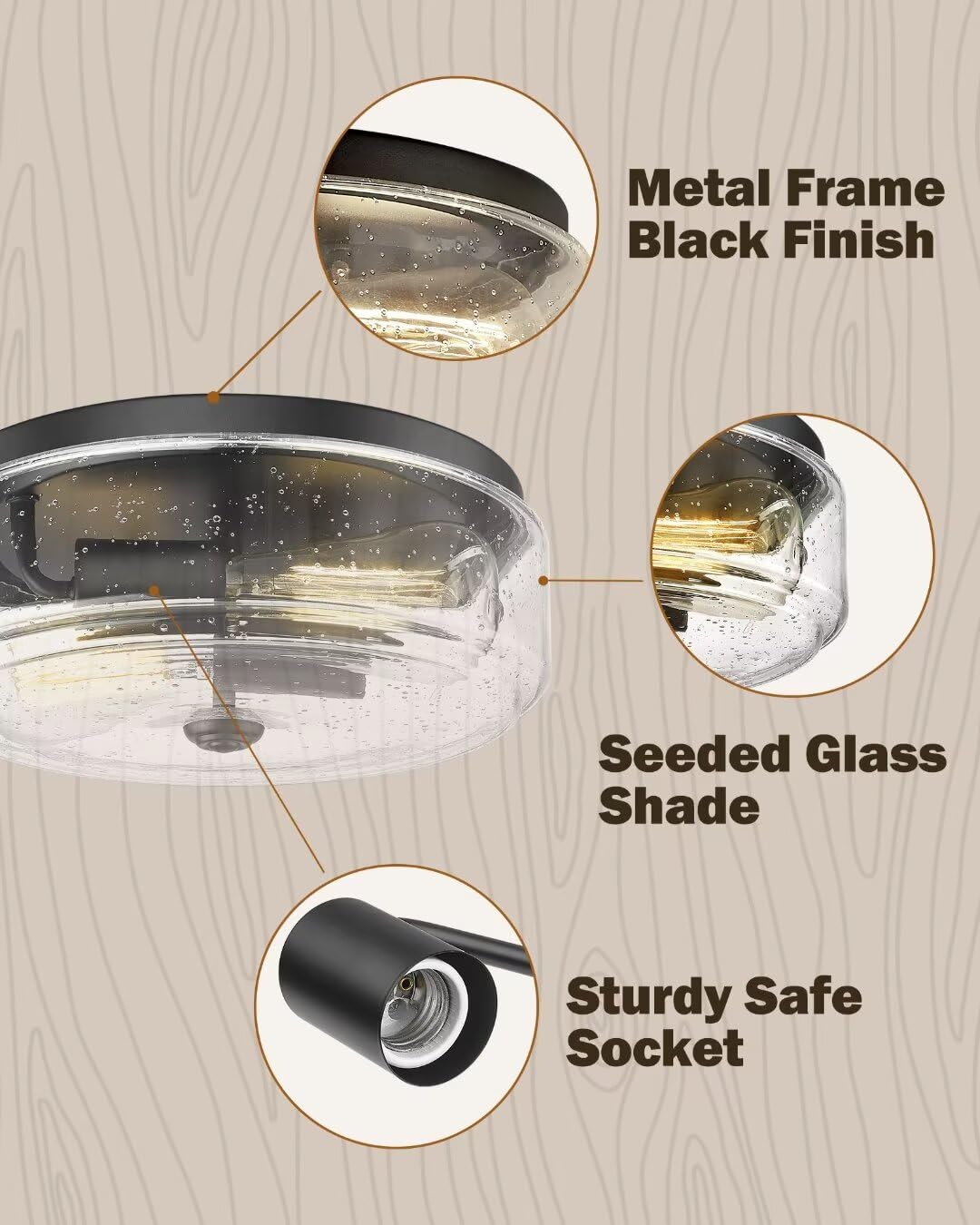 Foitton 2-Light Black Flush Mount Ceiling Light With Seeded Glass For Hallway, Kitchen, Bedroom