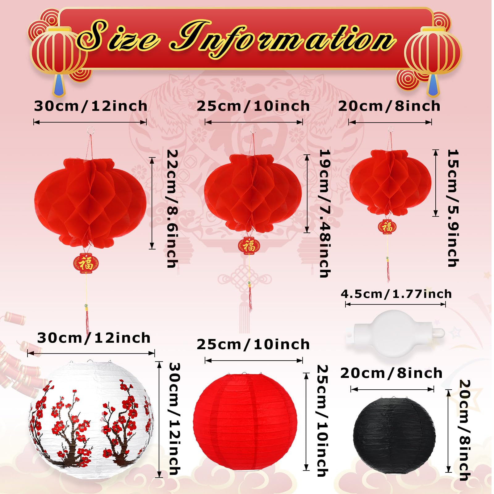 Tuanse LED Chinese New Year Lanterns - 30 Pcs Multi Size Red, White, Black Decorative Lights for Lunar New Year & Spring Festival