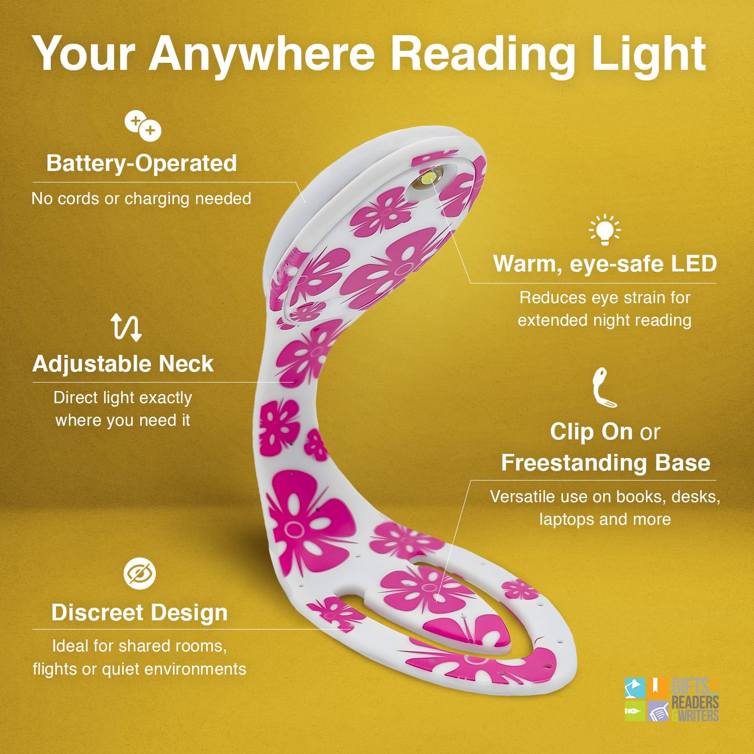 Gifts for Readers & Writers Flexilight Bookmark Book Light - LED, Battery Operated, Pink Flowers, Model 2