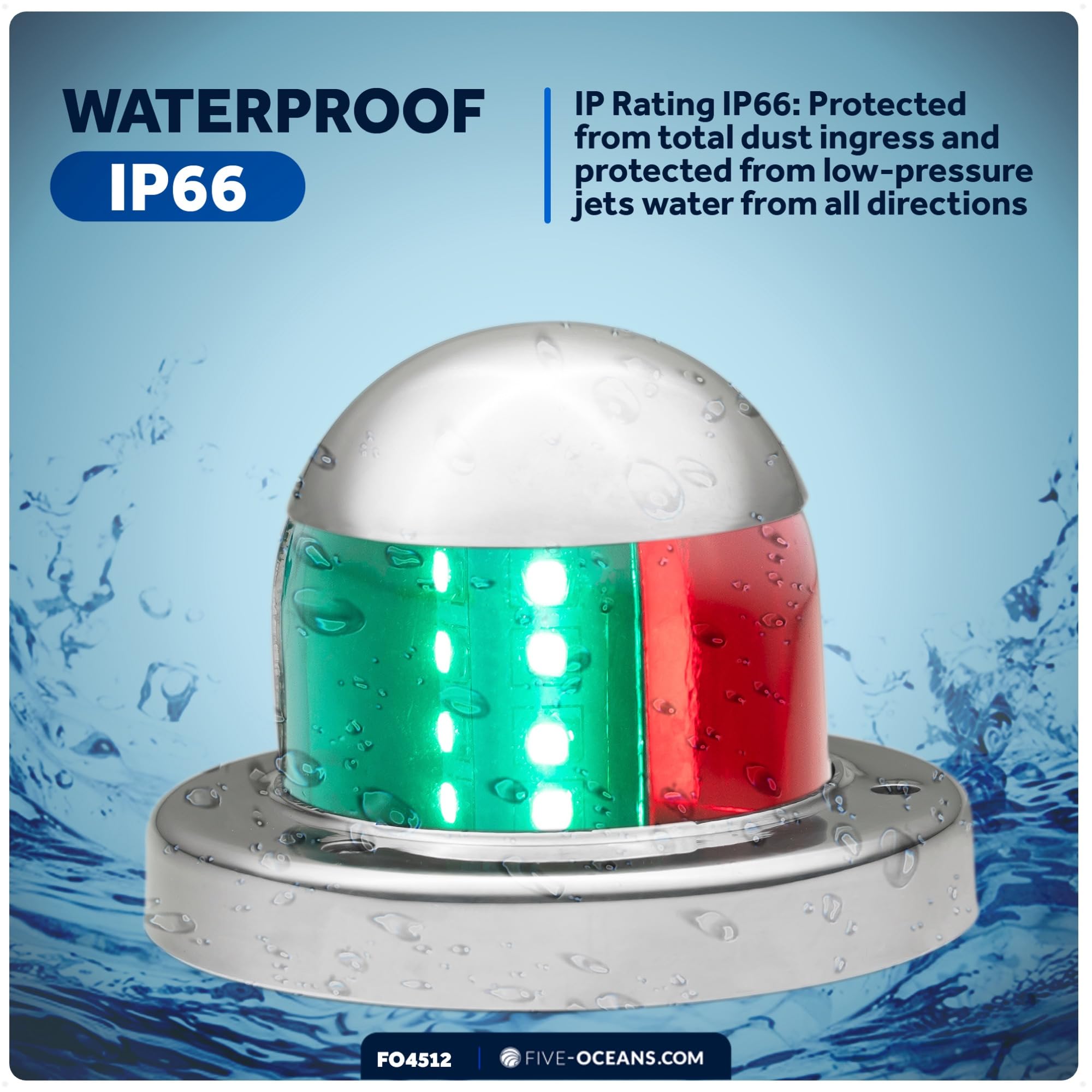 Five Oceans LED Bow Bi-Color Boat Navigation Light, 12V, Stainless Steel, USCG Certified, for Pontoon and Fishing Boats