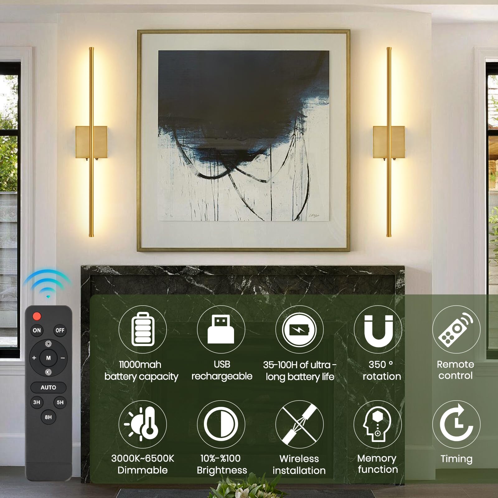 Rechargeable Battery Operated Wall Sconces, 11000Mah Wireless Brushed Gold Wall Lights With Remote Control, 350Rotate Dimmable W