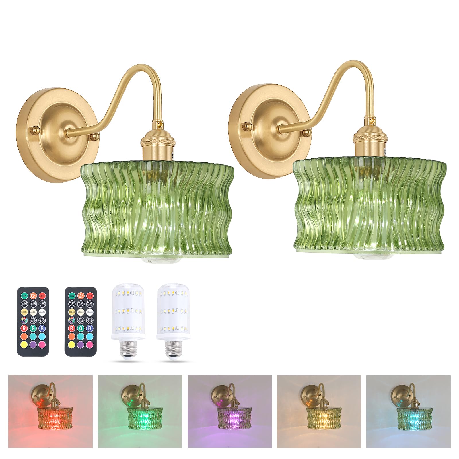 Shenmoyl Wall Sconce Set of 2, Vintage Rechargeable Indoor Lights, Green Ripple Glass Shade, Battery Operated, Model 1-93754-wlamp