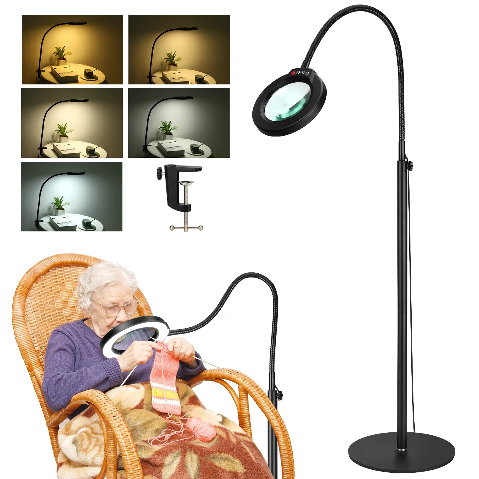 8X Magnifying Glass with Light and Stand, Krstlv 24'' Flexible Gooseneck Magnifying Floor Lamp, 3-in-1 LED 5 Color Modes Steples