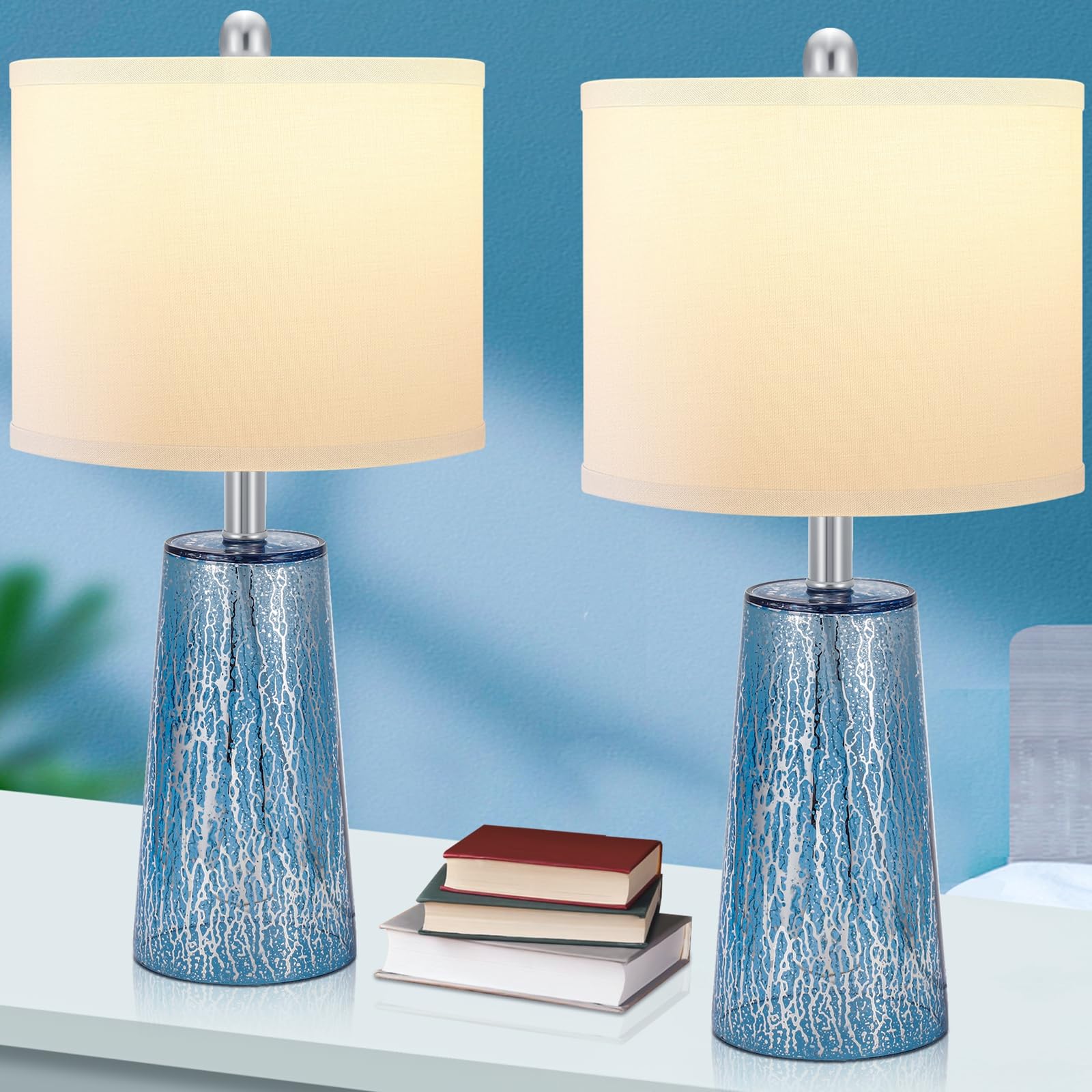 Tpamswo Modern Coastal Table Lamps 23    High Blue Silver Hand-Applied Mercury Tapered Column Glass Bedside Lamps, For Bedroom L