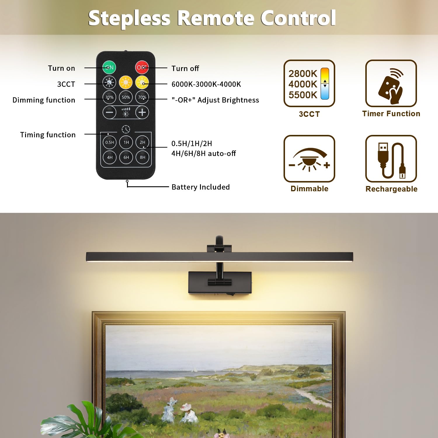 DESOOP Wireless Picture Lights - Battery Operated Black Art Lighting, 23.62 inch, Acrylic, Model 9862, Dimmable with Remote & Timer