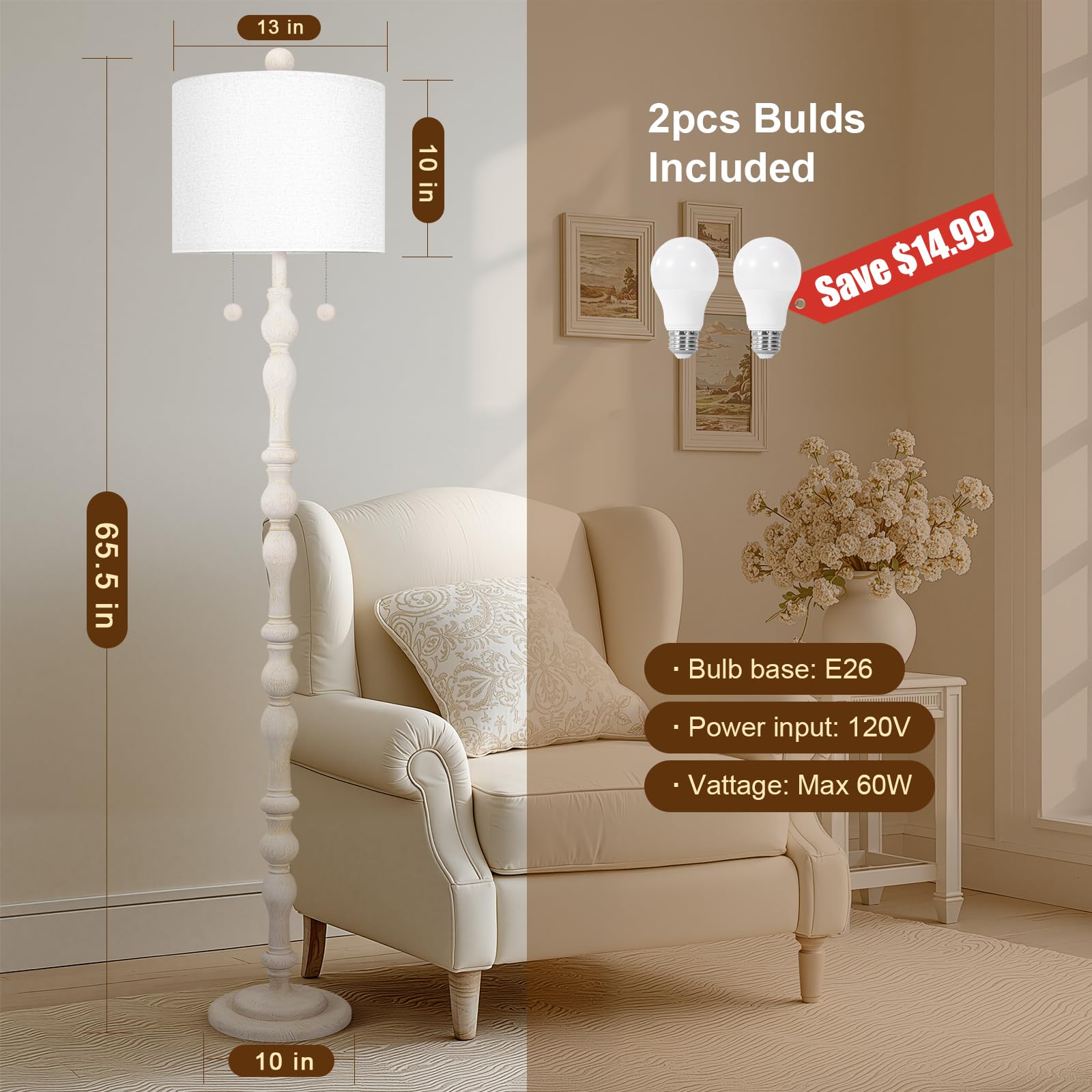 Scenekoy 65.5” Wood Floor Lamp - Washed White, Dual Socket, Pull Chains, Linen Shade, Model ZL012-WH, Ideal for Living Room & Bedroom