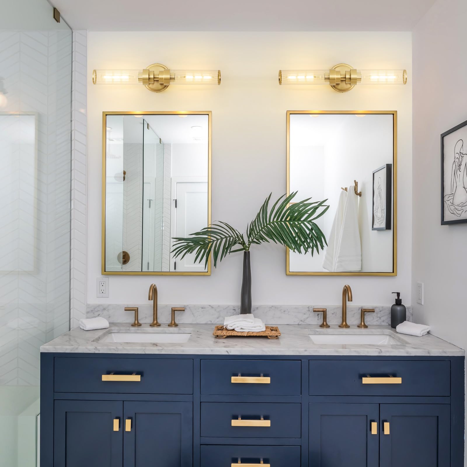 Vaziden Gold Wall Sconce Vanity Lights 2 Pack, Modern Threaded Glass, Up and Down Lighting for Bathroom and Living Room