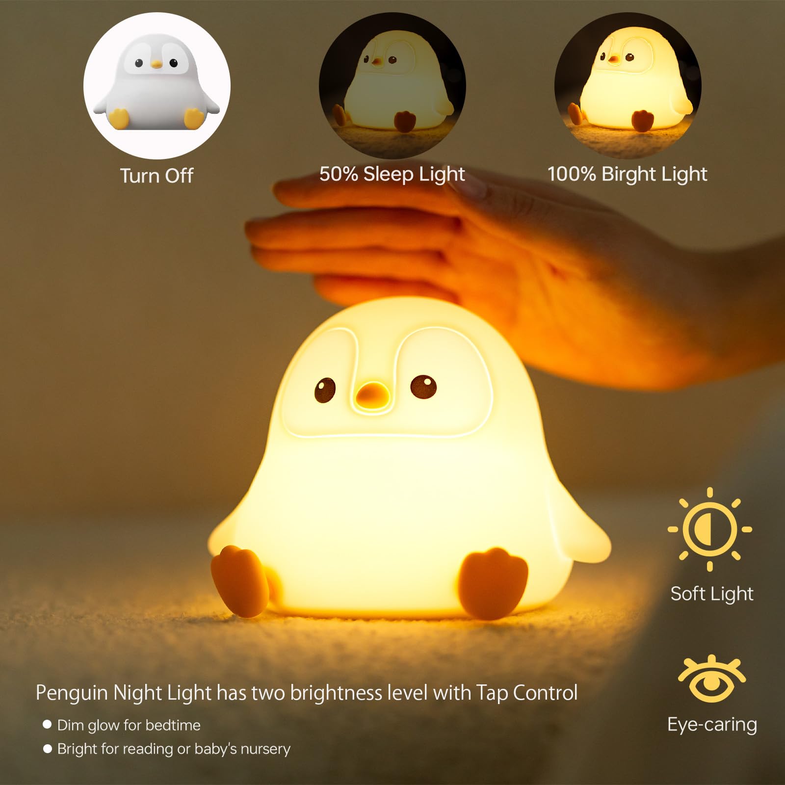 VoMii Penguin Night Light - Dimmable Silicone Lamp, 5" x 4" x 3.9", Cute Rechargeable Nursery Decor for Kids