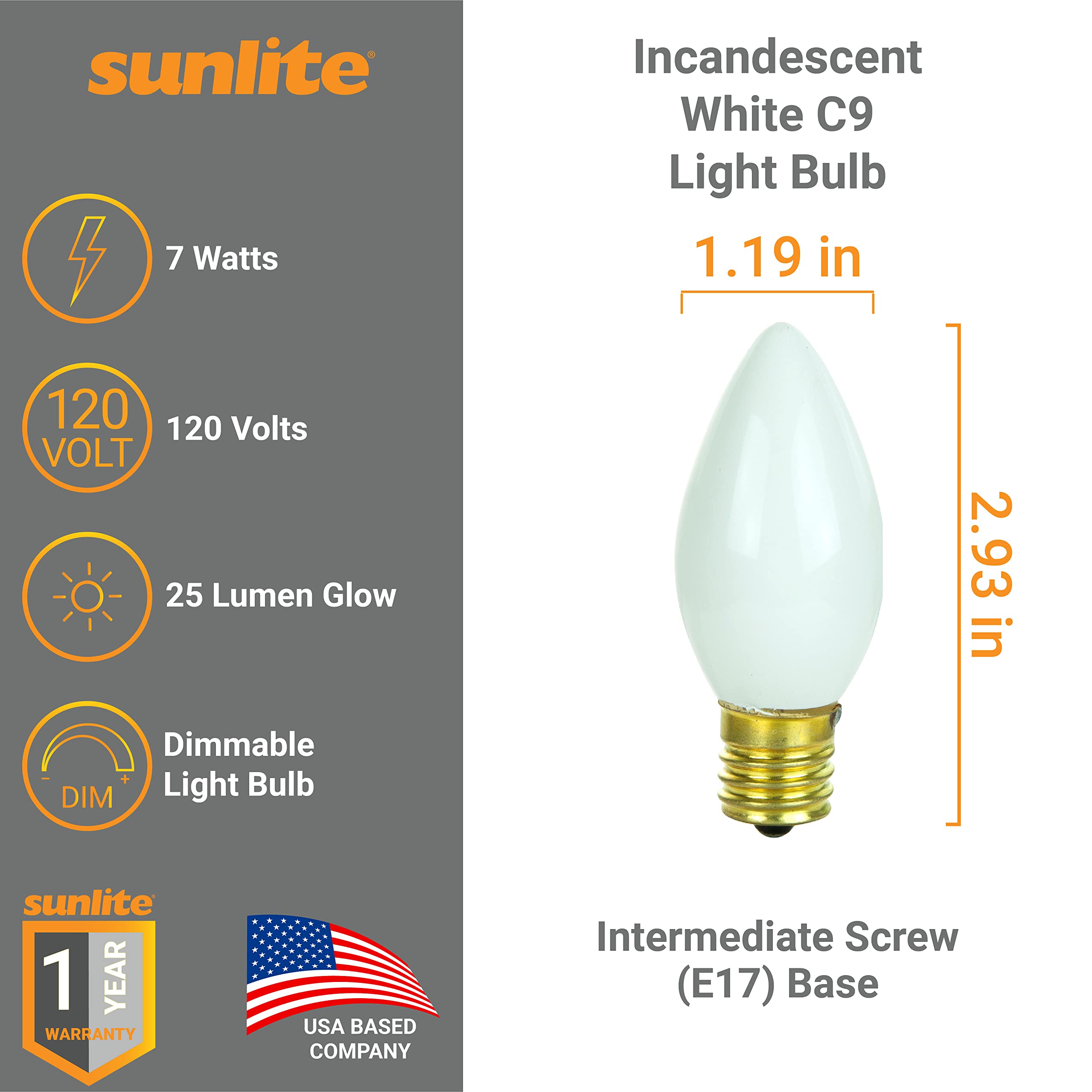 Sunlite 01303-SU Incandescent C9 Colored Bulbs, Holiday Decorative Bulb 7 Watts, E17 Intermediate Base, Christmas-Lights Nightli