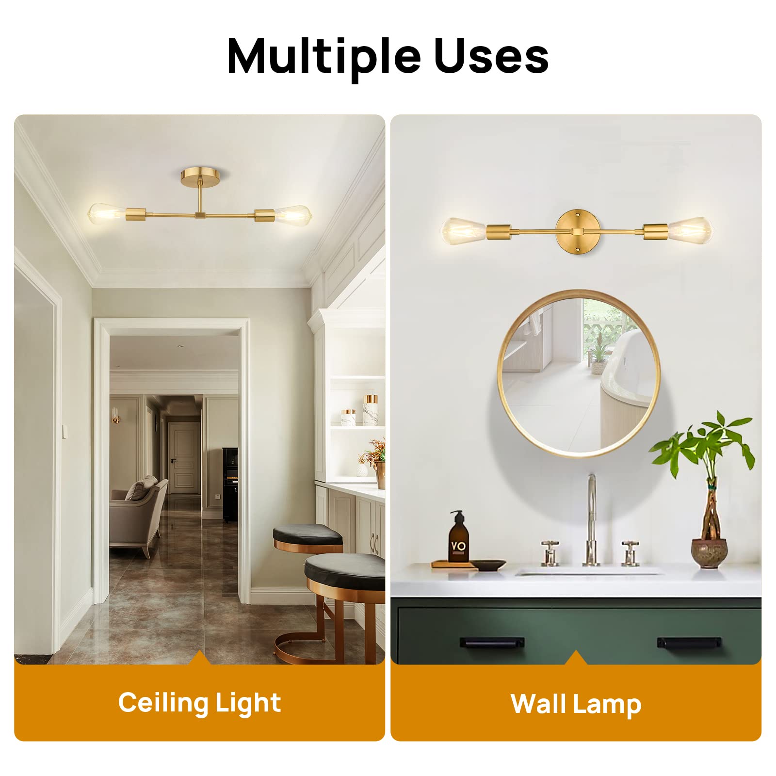 FadimiKoo 2-Light Wall Sconces, Brushed Brass Indoor Lamp for Bathroom, Hallway, Kitchen, 2 Pack, Gold - Model Gold-2Light-2P