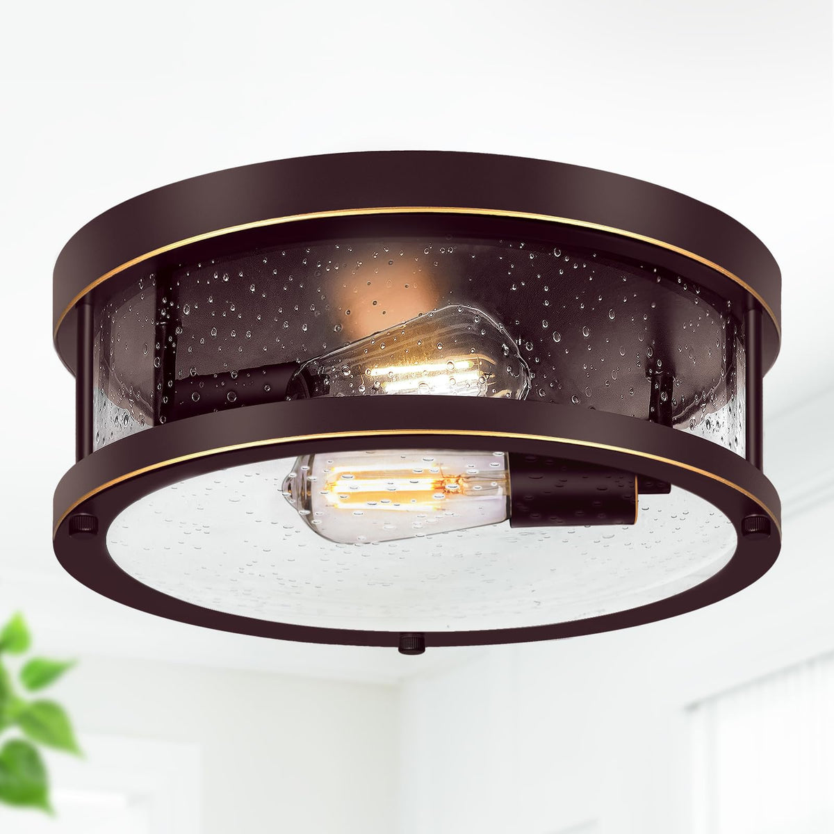 Flush Mount Ceiling Light Fixture, 2-Light Farmhouse Light Fixture With Seeded Glass Lampshade, Brown&Gold Close To Ceiling Ligh