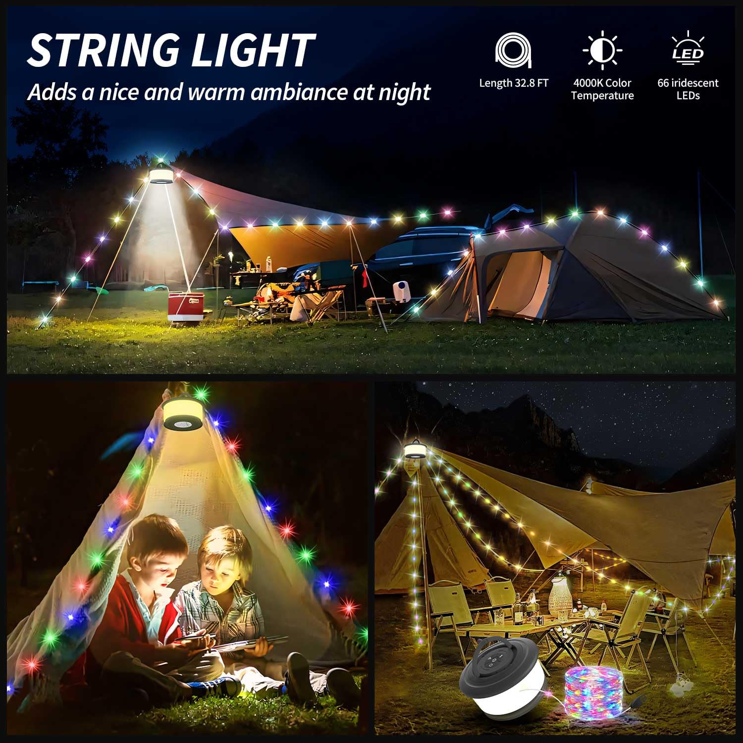 Zocelight 2pcs Camping String Lights, 32.8FT Rechargeable LED Lamp, 19 Lighting Modes, Black, Model L26-Black-2pcs