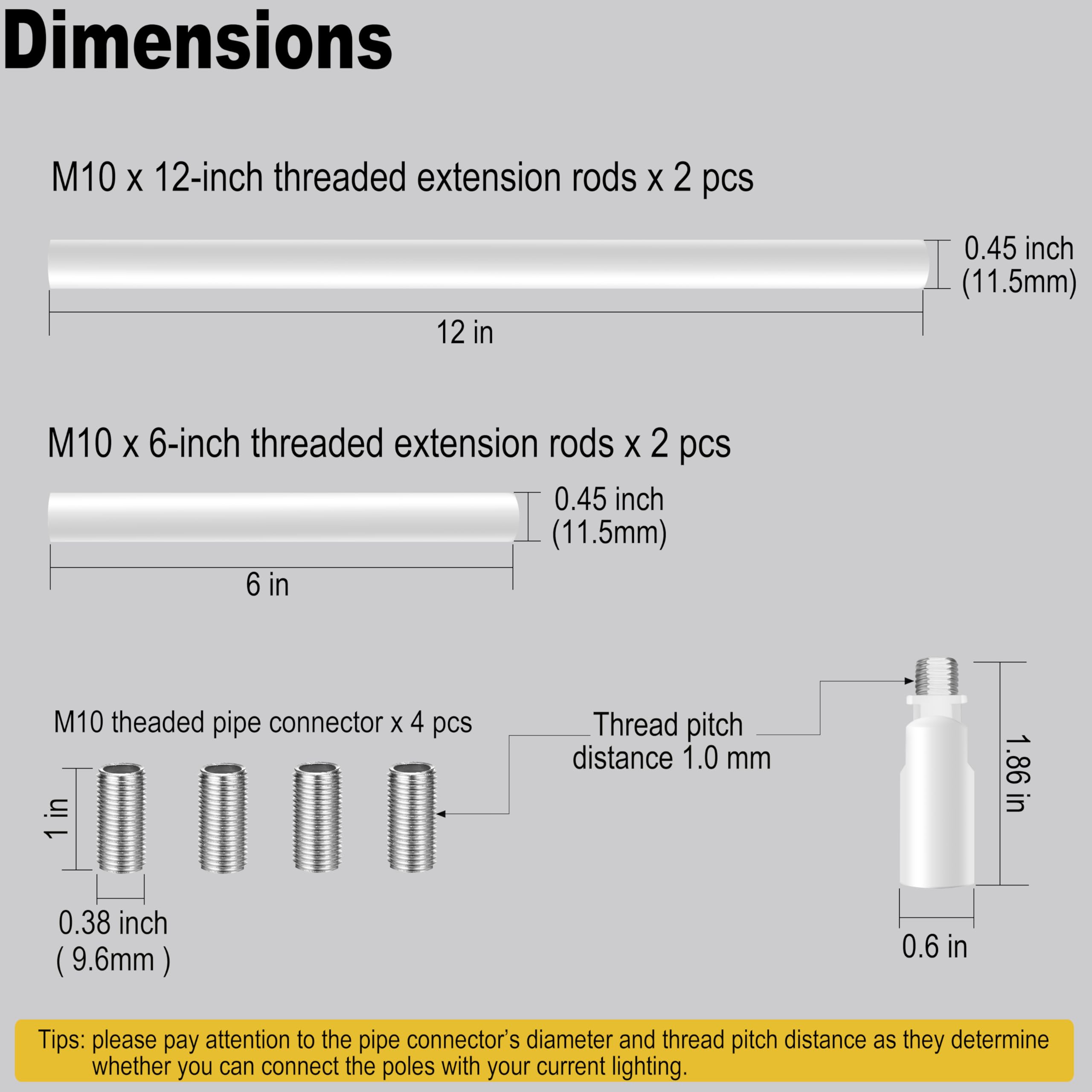 M10 Threaded Extension Poles Lighting Fixture Downrods Stems & 180 Degrees Sloped Ceiling Adapter Kits For Pendant Light  Island Lighting  Chandeliers (White)