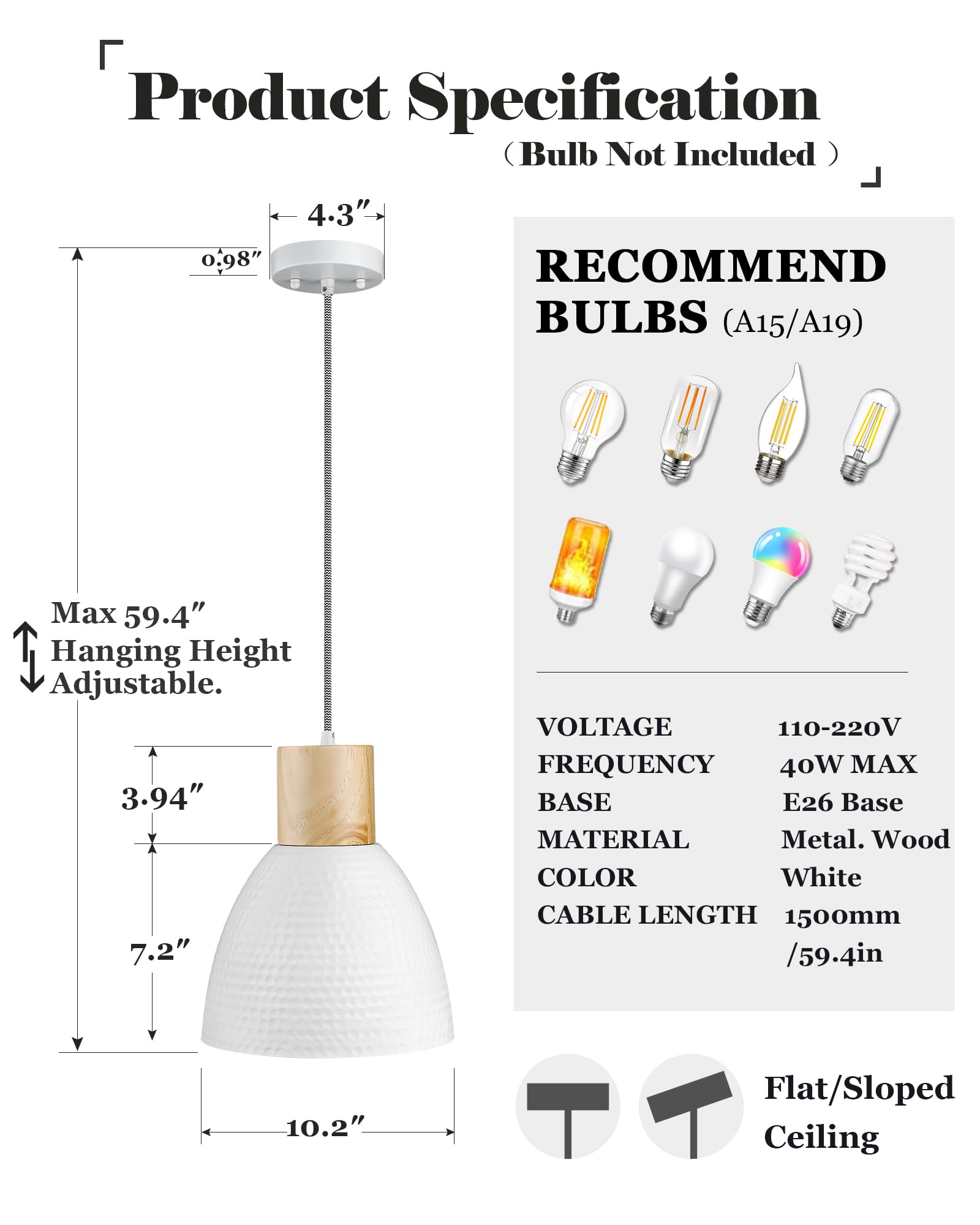 Elyona 10.2    Hammered Pendant Light Fixtures, Metal & Rubber Wood Island Hanging Lamp, Adjustable Height, Modern Pendant Light
