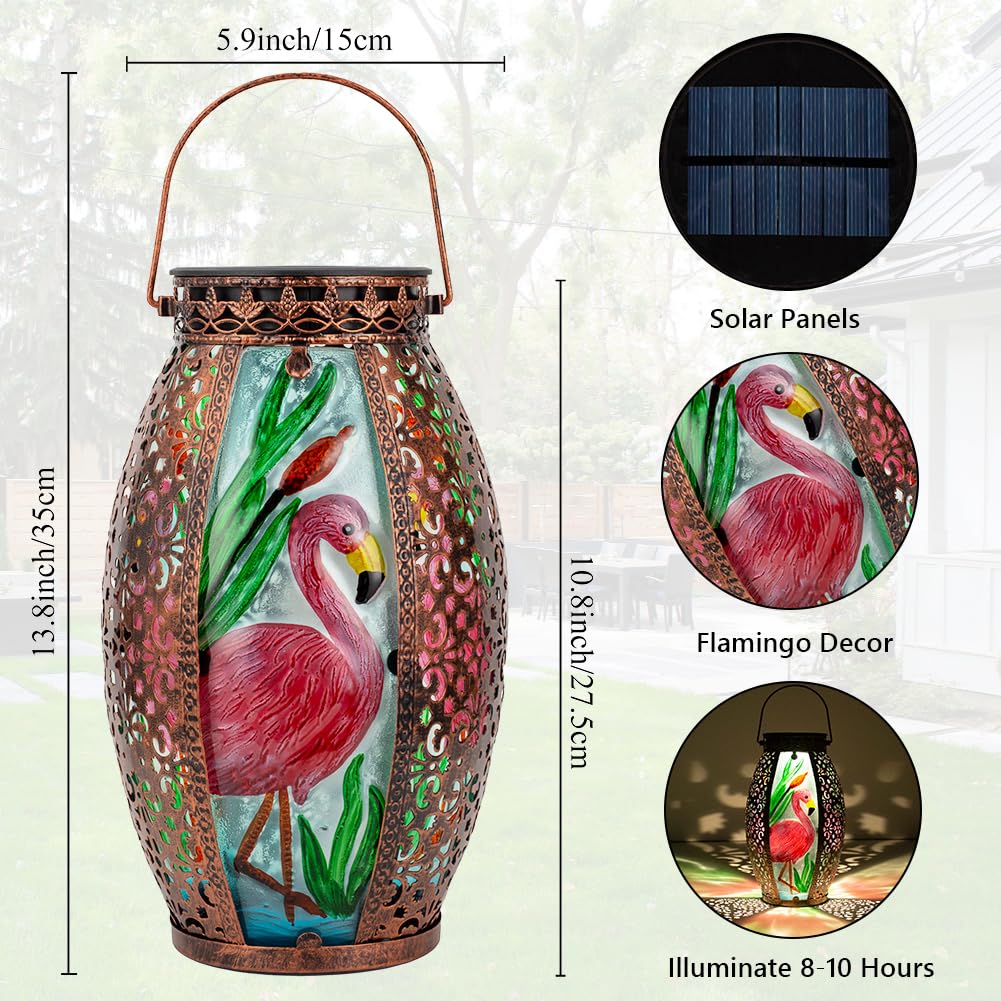 Sunnygarden Flamingo Hanging Solar Lantern Waterproof Outdooor, Metal & Glass Large Solar Lights Garden Table Yard Decor Farmhou