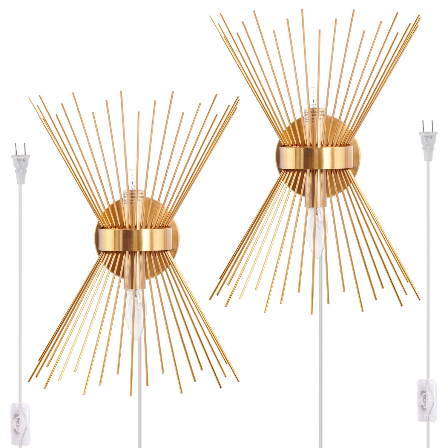 VILUXY Mid-Century Plug in Wall Sconces Antique Brass Brush Paint Finish with Starburst Shade and ON/Off Switch Cord for Bedside