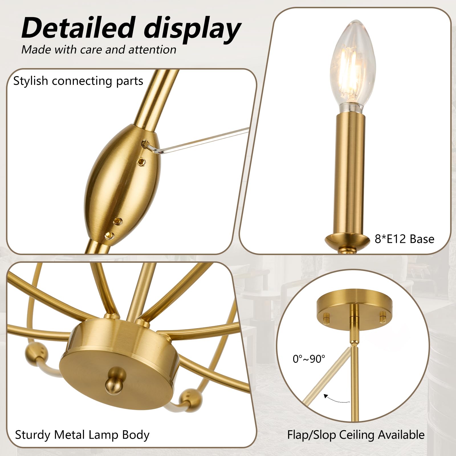 Acaner 8-Light Modern Gold Candle Chandeliers, 35 Inch Large Brass Chandelier For Dining Room, High Ceiling Pendant Light Fixtur