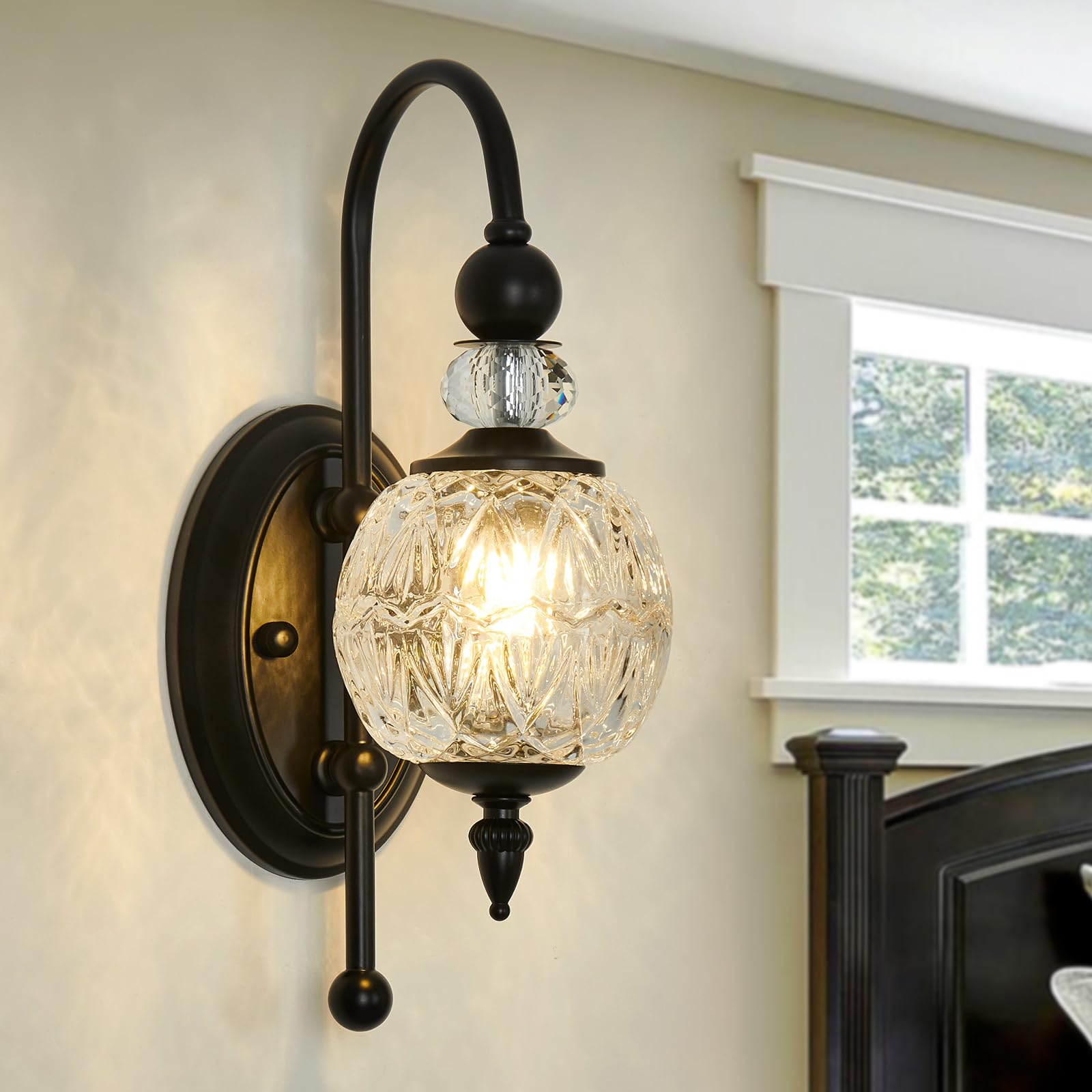 Piepooye Vintage Wall Sconce Black Iron G9 Bulb Glass Globe Shade 1 Light Indoor Lamp Model R-3014