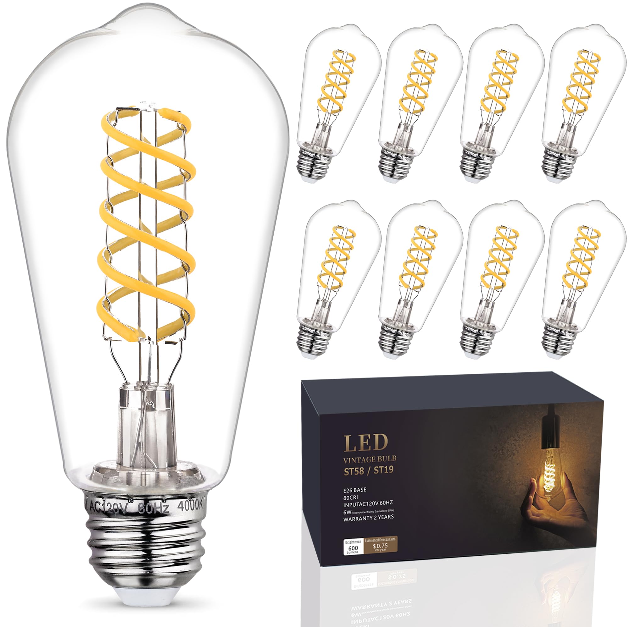Emymlite 8 Pack 60 Watt Equivalent, E26 Led Filament Light Bulbs, Neutral White 4000K, Dimmable, Antique Filament Decorative Lig