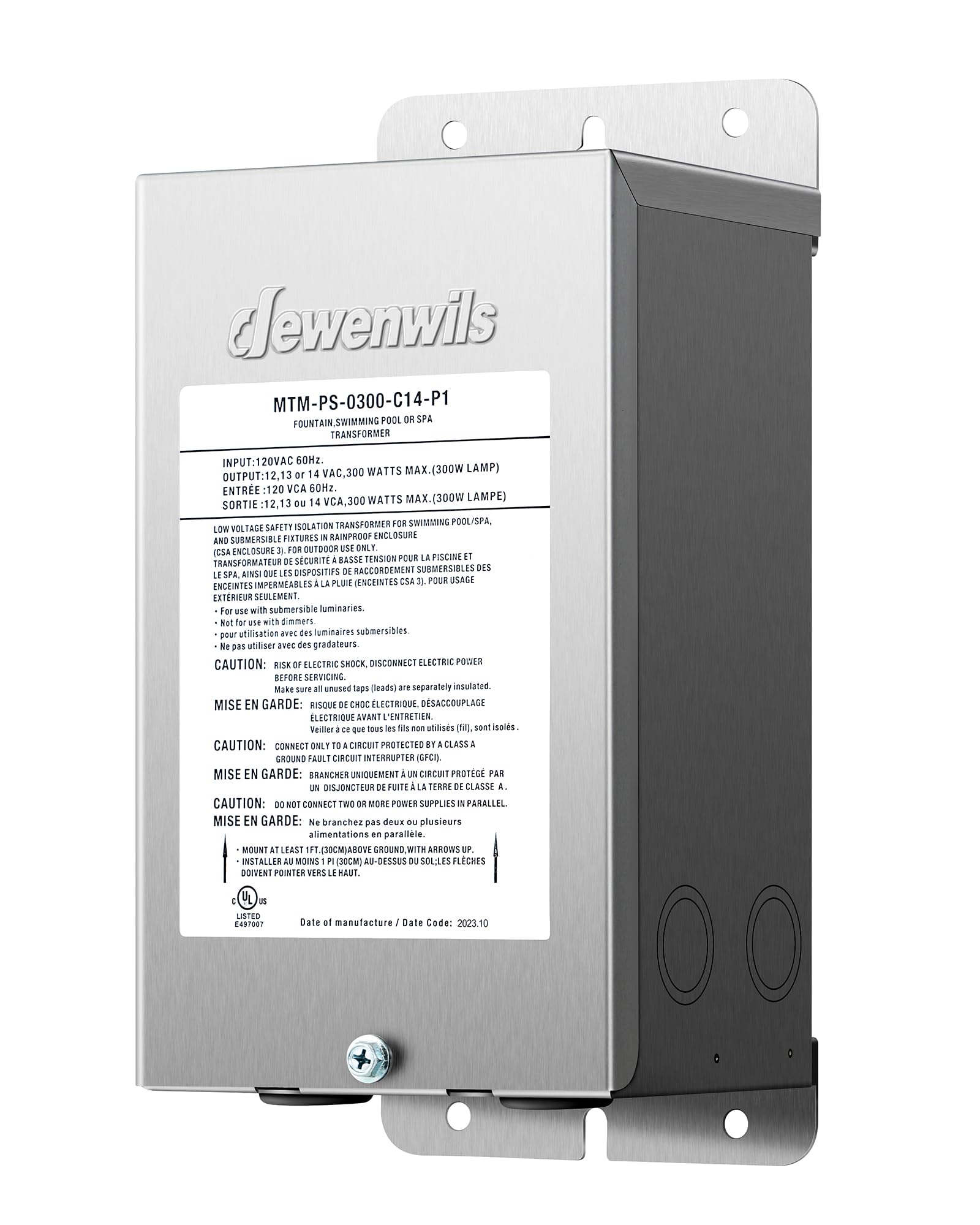 DEWENWILS Low Voltage Pool Light Transformer 300W, Multi-tap AC 12V/13V/14V, Stainless Steel, Model HSLT05P, Silver