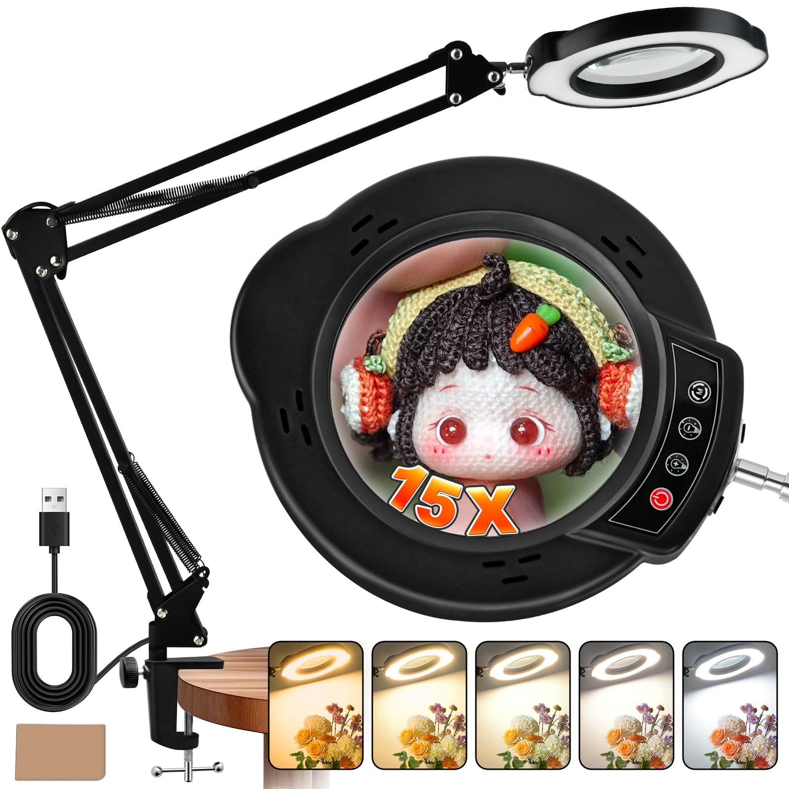 VvLons 15X Magnifying Glass with Light and Clamp, Lighted Magnifying Glass Desk Lamp LED Magnifier Lamp with Light and Clamp 5 C