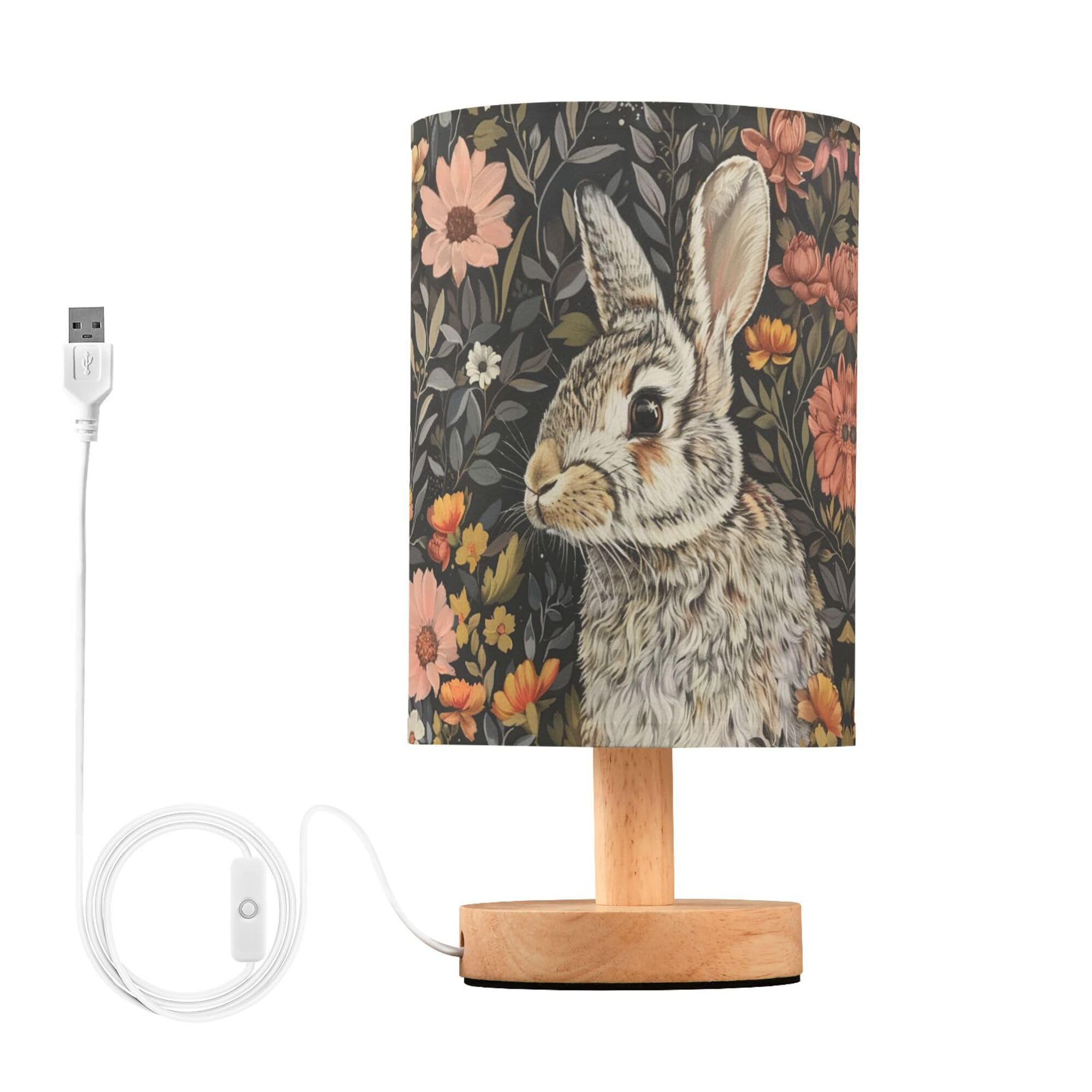 Yyzzh Bunny Rabbit Floral Field Table Lamp With Wood Base Fabric Lamp Shade Bedside Desk Lamp For Living Room Bedroom Kids Room 