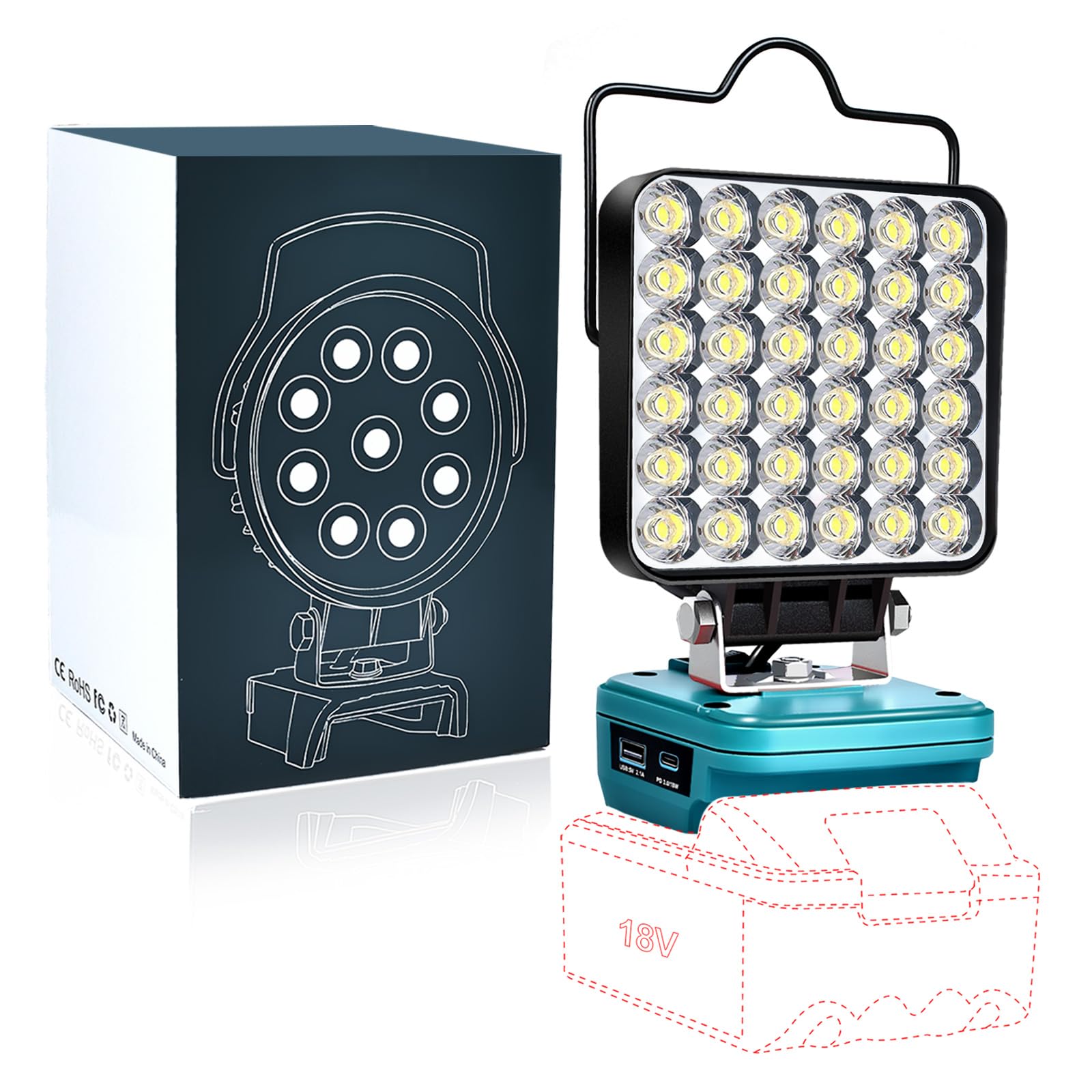Upgraded Work Light for Makita 18V Battery,72W 6800LM Portable Cordless Floodlight with USB&Type C Fast Charging Port for Makita