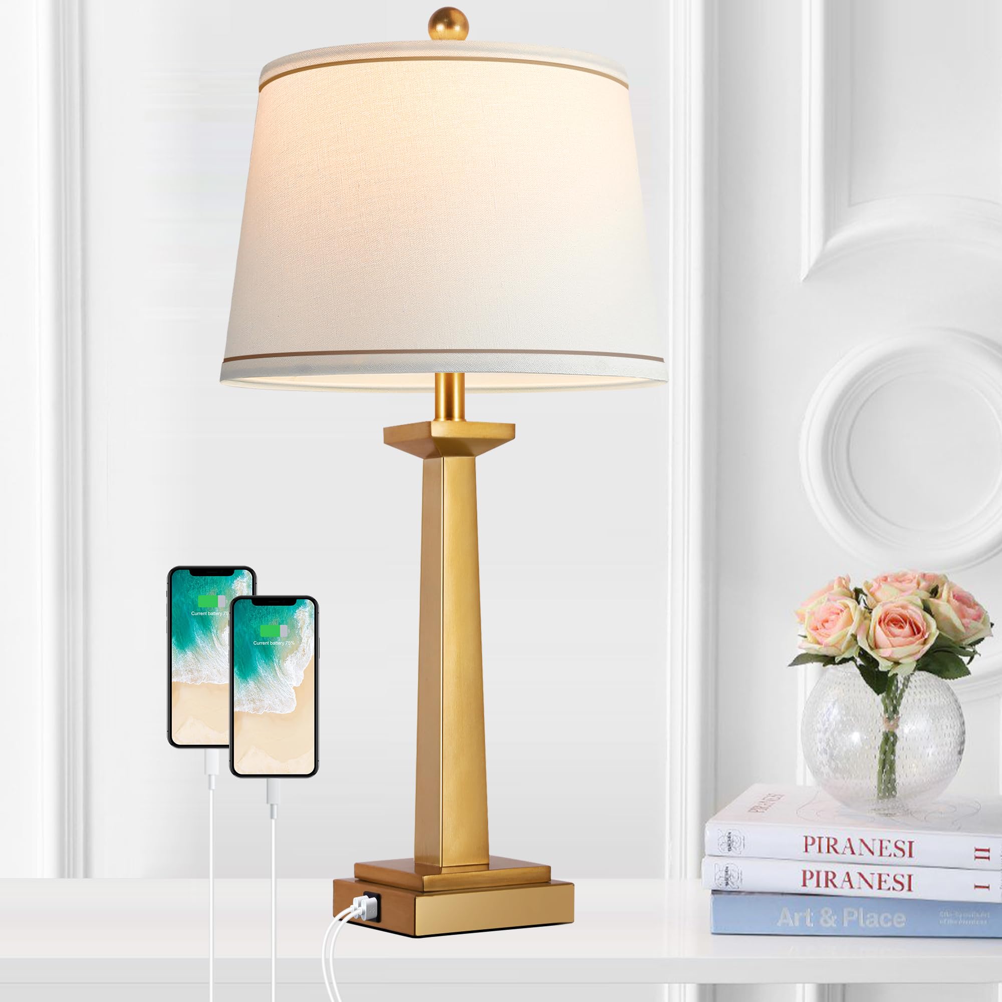 Rottogoon 29&quot; Gold Table Lamp With Usb Ports, 3-Color Temperature, Led Bulb Included