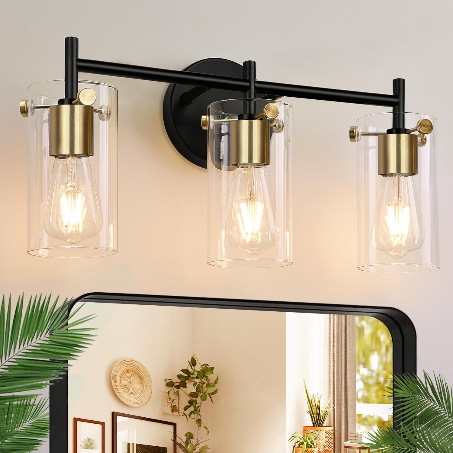 Bathroom Light Fixtures 2024 Upgrade, 3-Light Black And Gold Vanity Light, Black Bathroom Lights Over Mirror With Clear Glass Sh